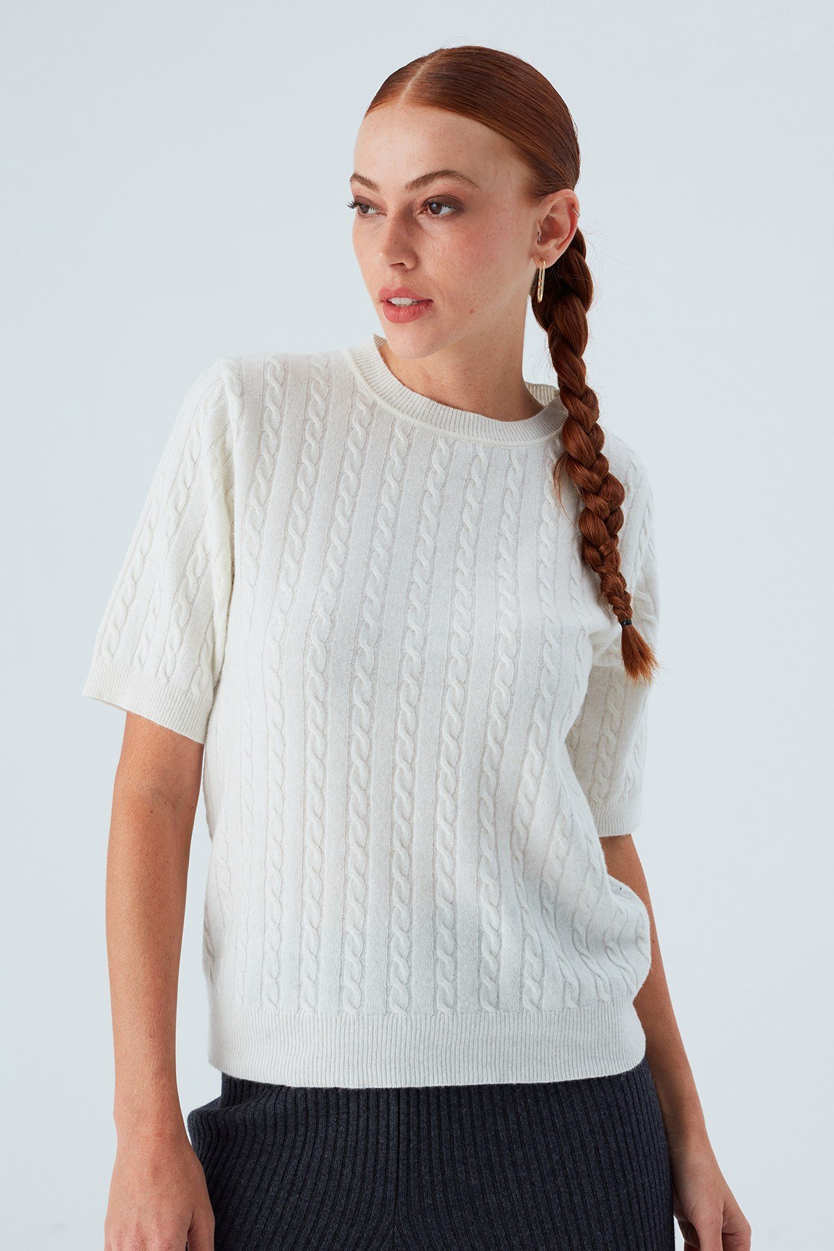 Peraluna NICOLE BLOUSE Saç Örgülü Kısa Kollu Kaşmirli Kadın Triko Bluz Ekru