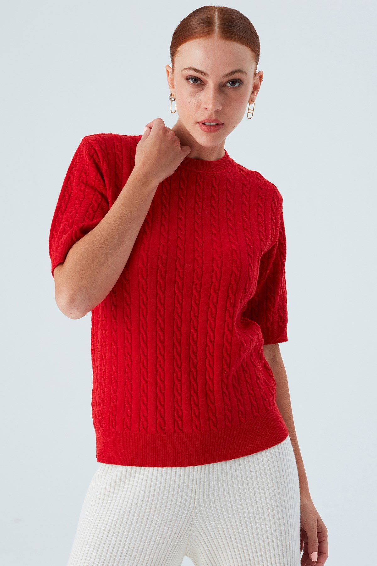 Peraluna NICOLE BLOUSE Saç Örgülü Kısa Kollu Kaşmirli Kadın Triko Bluz Kırmızı