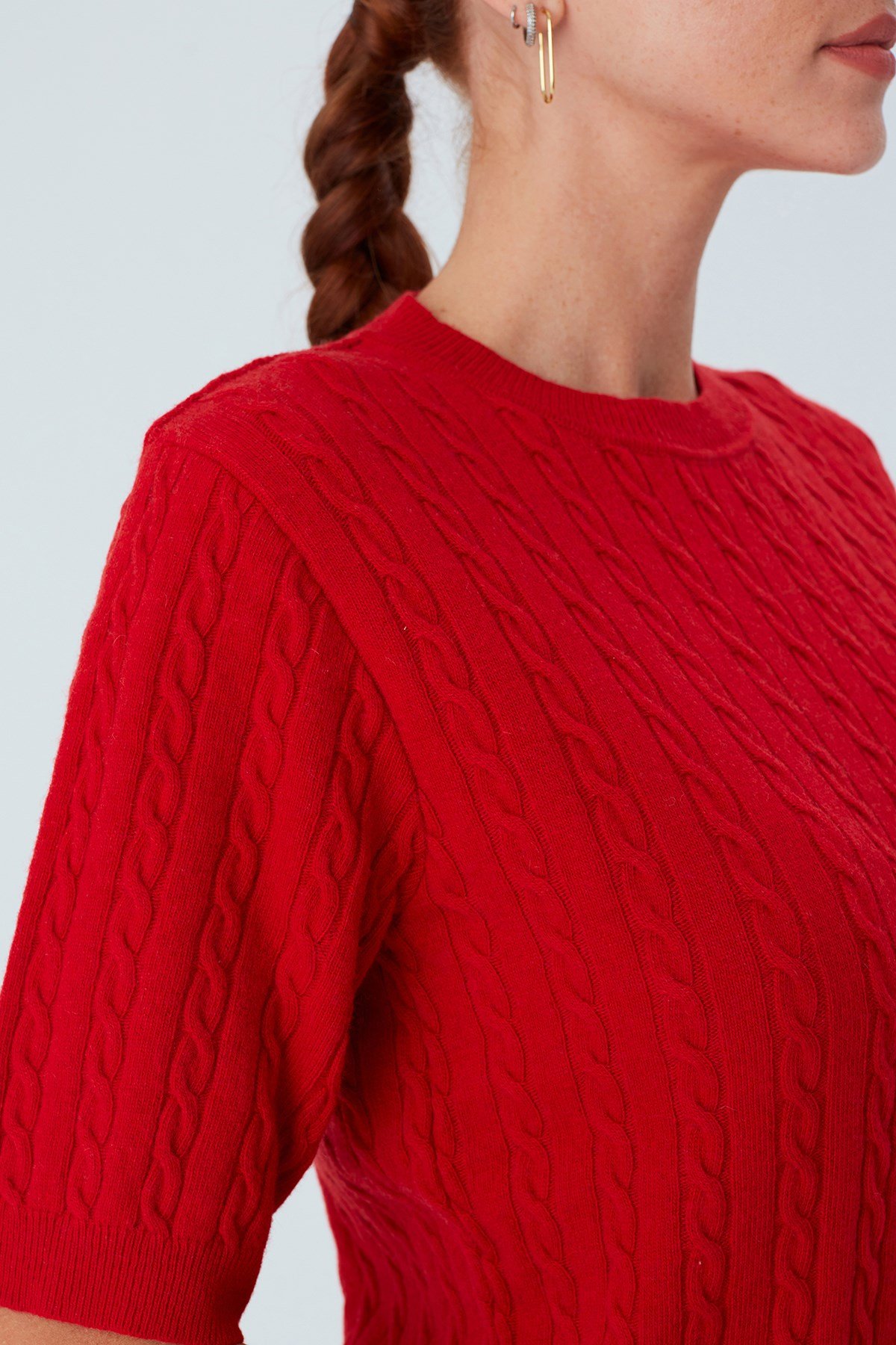 Peraluna NICOLE BLOUSE Saç Örgülü Kısa Kollu Kaşmirli Kadın Triko Bluz Kırmızı