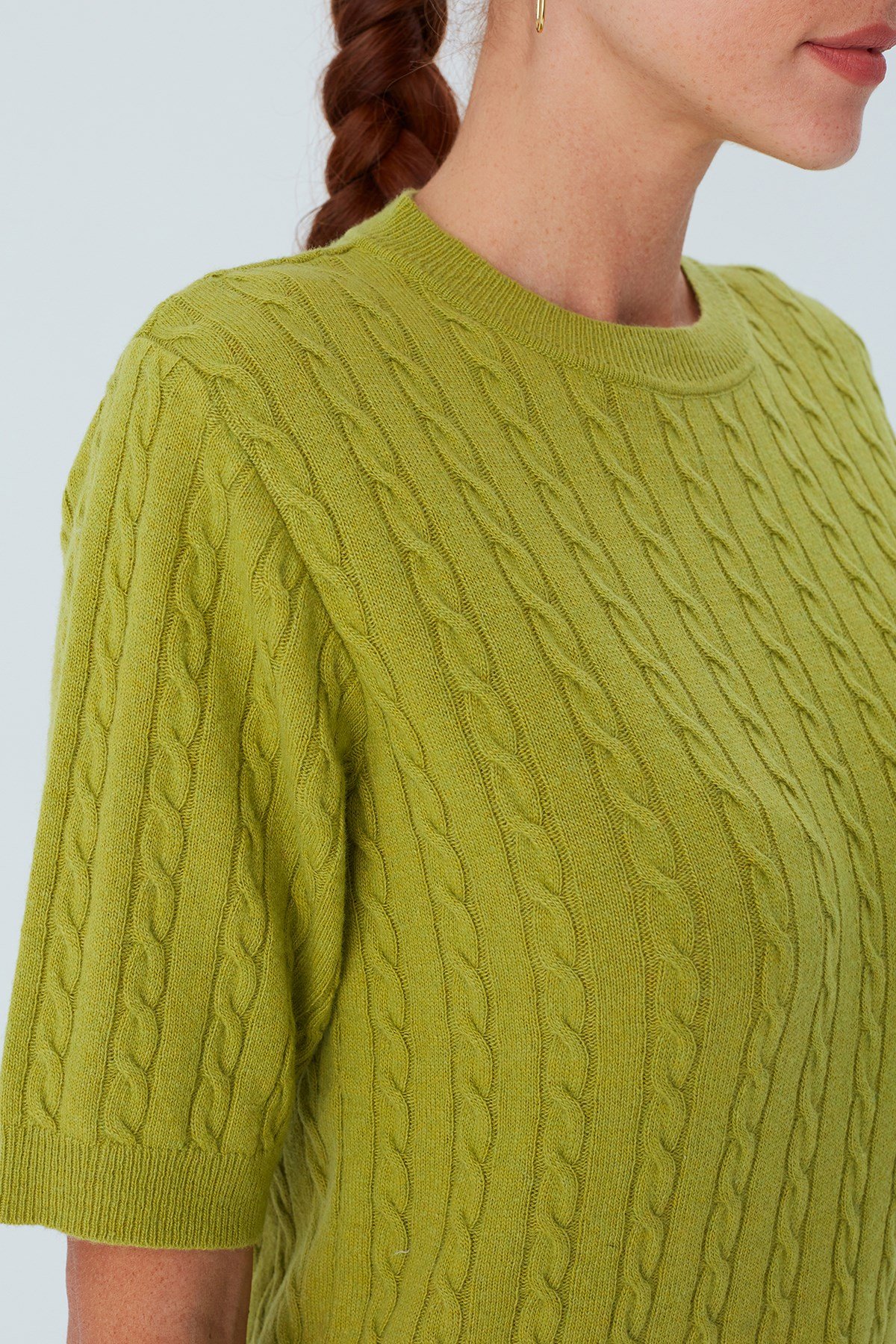 Peraluna NICOLE BLOUSE Saç Örgülü Kısa Kollu Kaşmirli Kadın Triko Bluz Yeşil