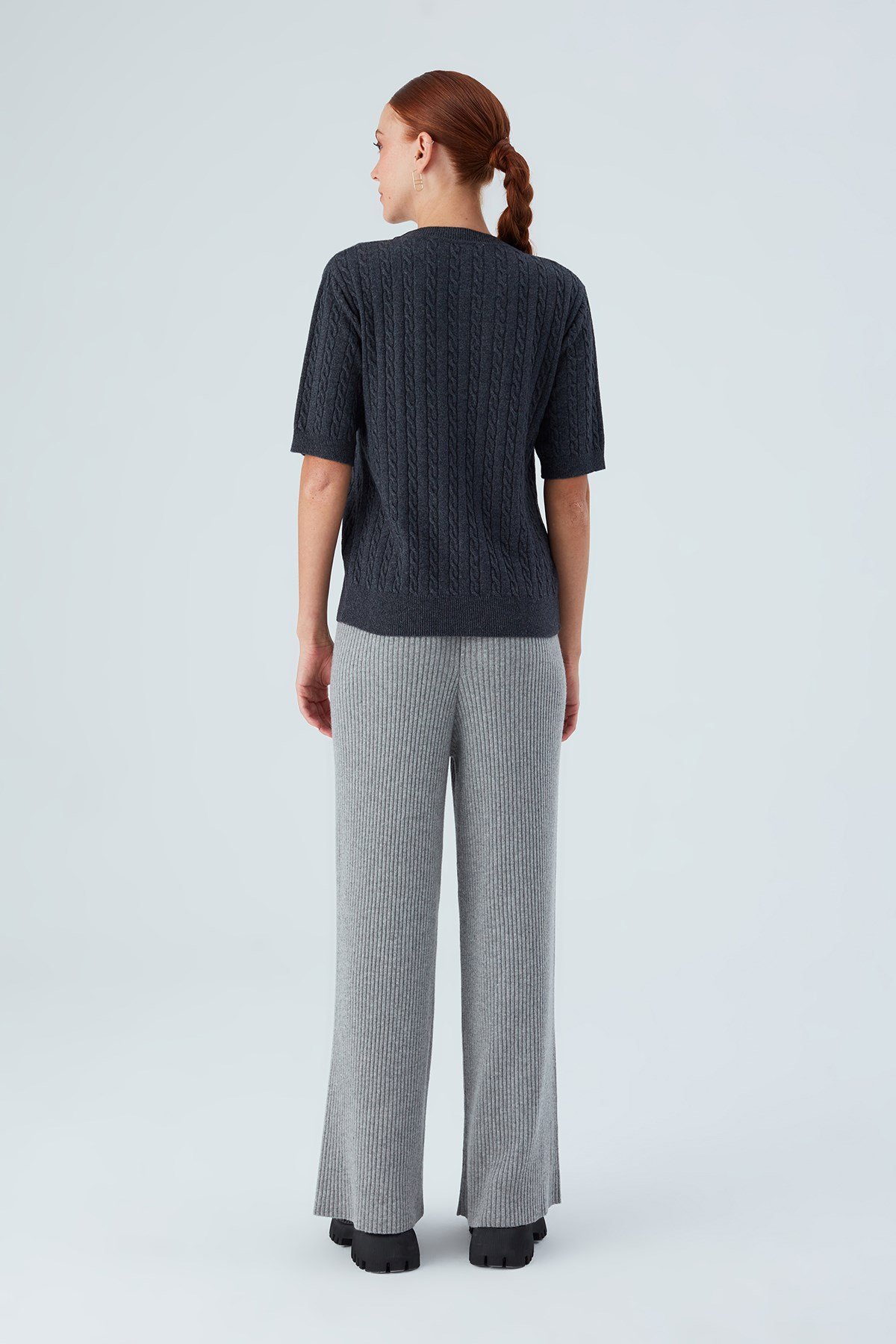 Peraluna NICOLE BLOUSE Saç Örgülü Kısa Kollu Kaşmirli Kadın Triko Bluz Antrasit