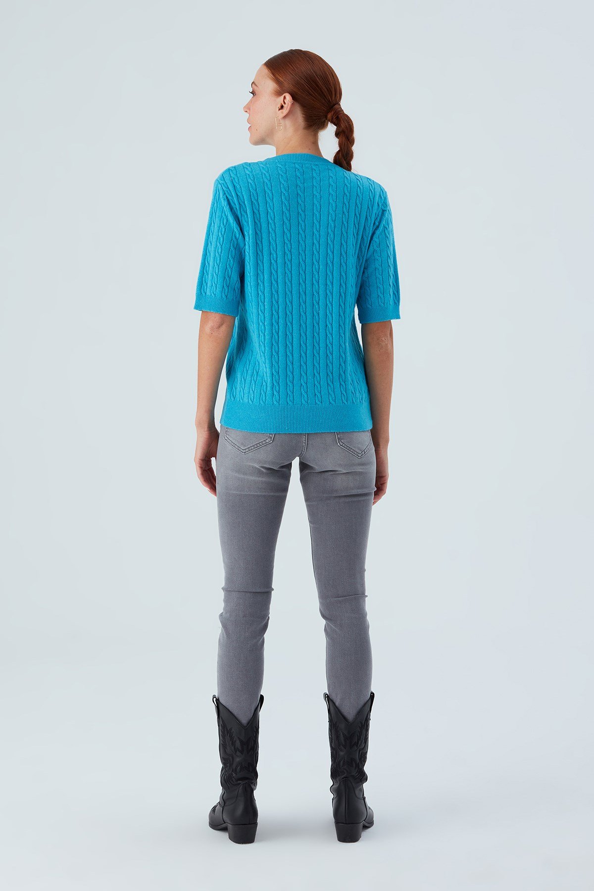 Peraluna NICOLE BLOUSE Saç Örgülü Kısa Kollu Kaşmirli Kadın Triko Bluz Turkuaz