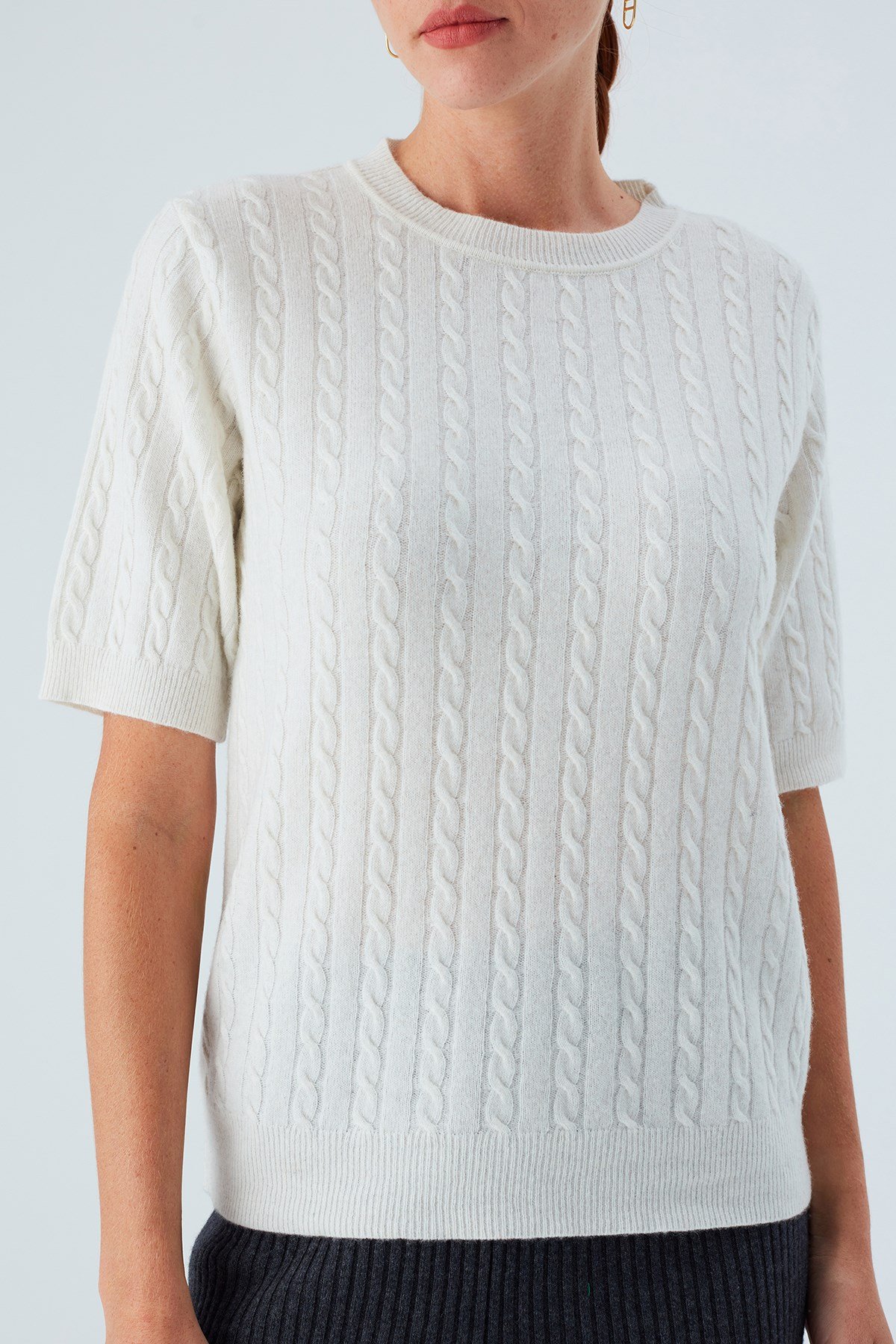 Peraluna NICOLE BLOUSE Saç Örgülü Kısa Kollu Kaşmirli Kadın Triko Bluz Ekru