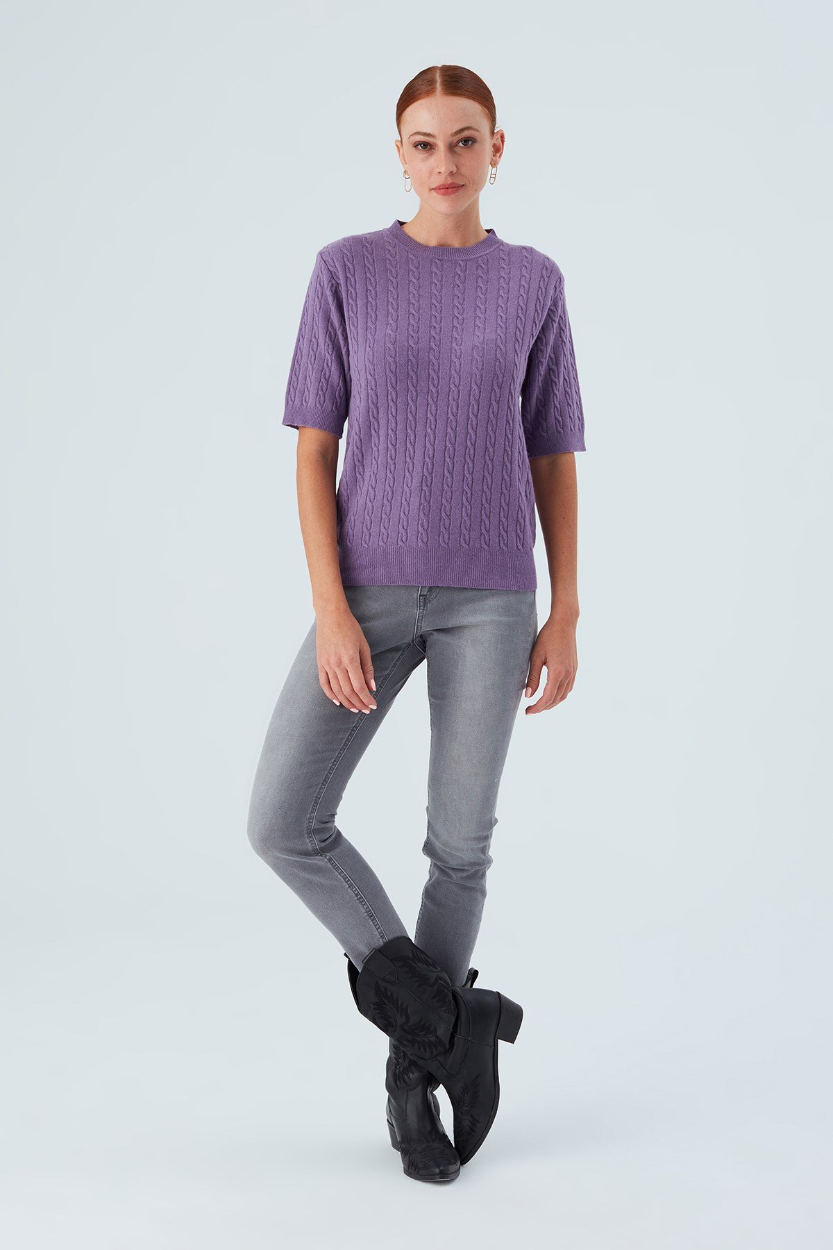 Peraluna NICOLE BLOUSE Saç Örgülü Kısa Kollu Kaşmirli Kadın Triko Bluz Pastel Mor