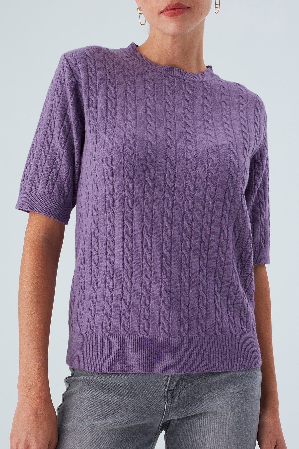 Peraluna NICOLE BLOUSE Saç Örgülü Kısa Kollu Kaşmirli Kadın Triko Bluz Pastel Mor