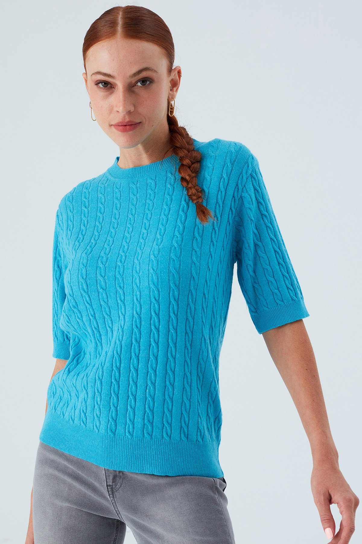 Peraluna NICOLE BLOUSE Saç Örgülü Kısa Kollu Kaşmirli Kadın Triko Bluz Turkuaz