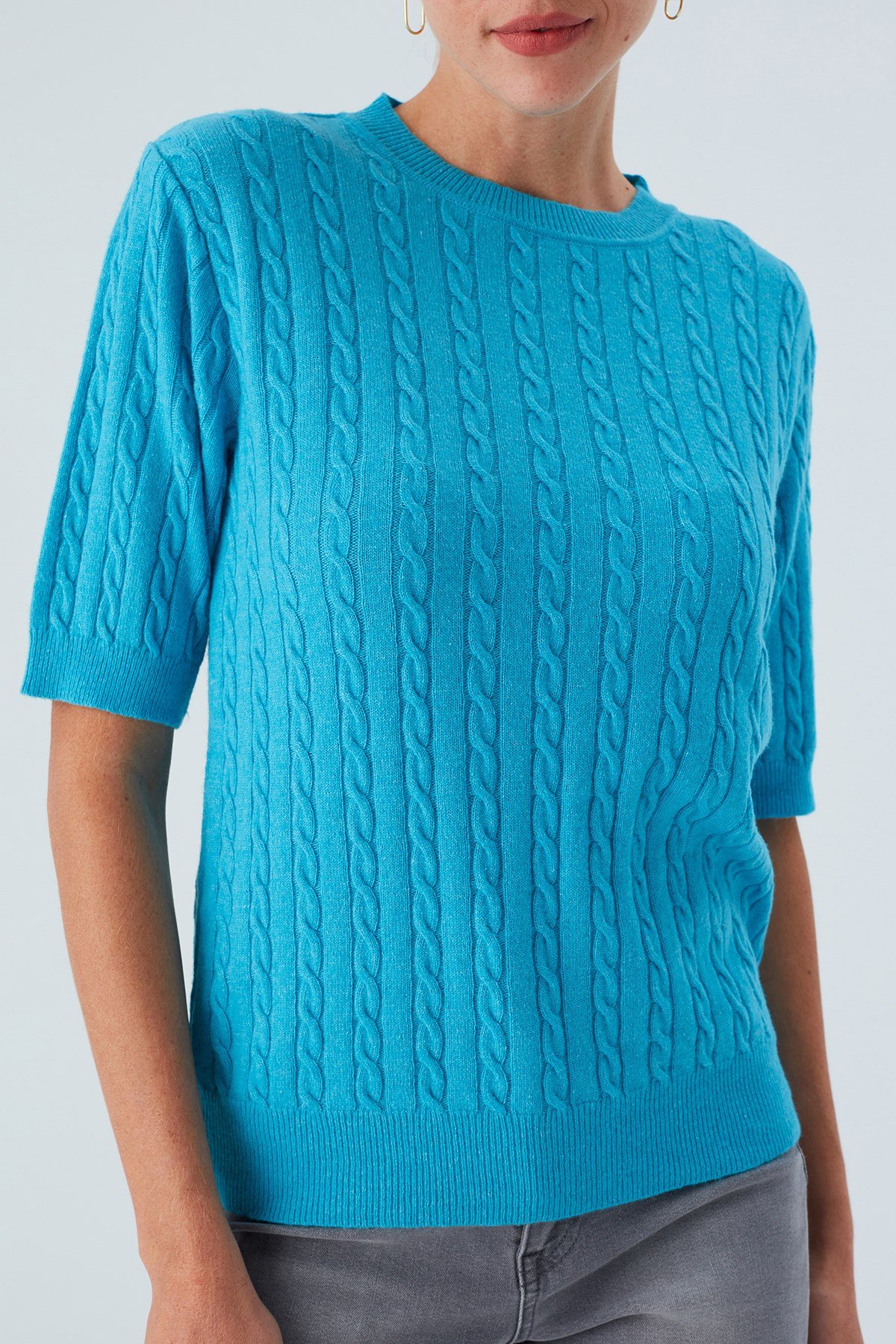Peraluna NICOLE BLOUSE Saç Örgülü Kısa Kollu Kaşmirli Kadın Triko Bluz Turkuaz