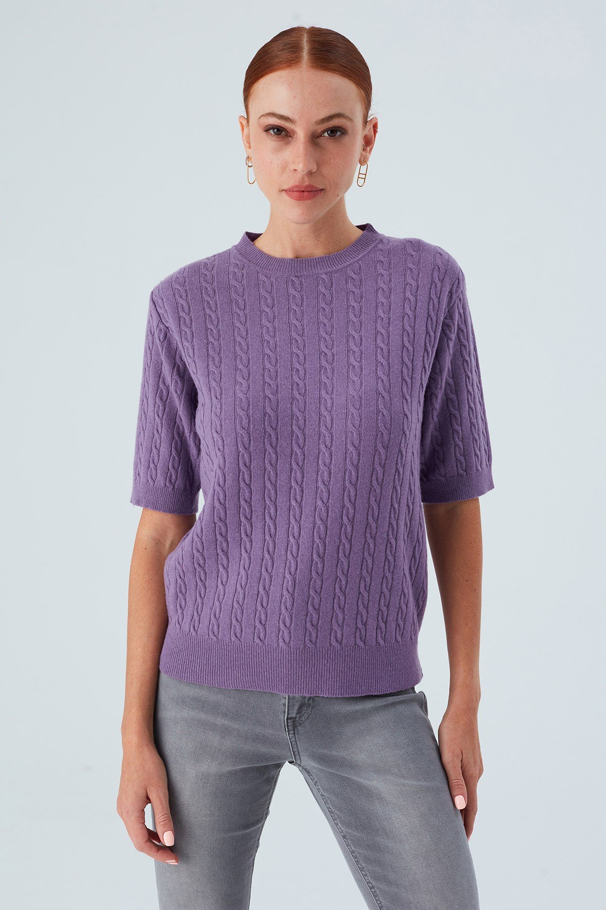 Peraluna NICOLE BLOUSE Saç Örgülü Kısa Kollu Kaşmirli Kadın Triko Bluz Pastel Mor