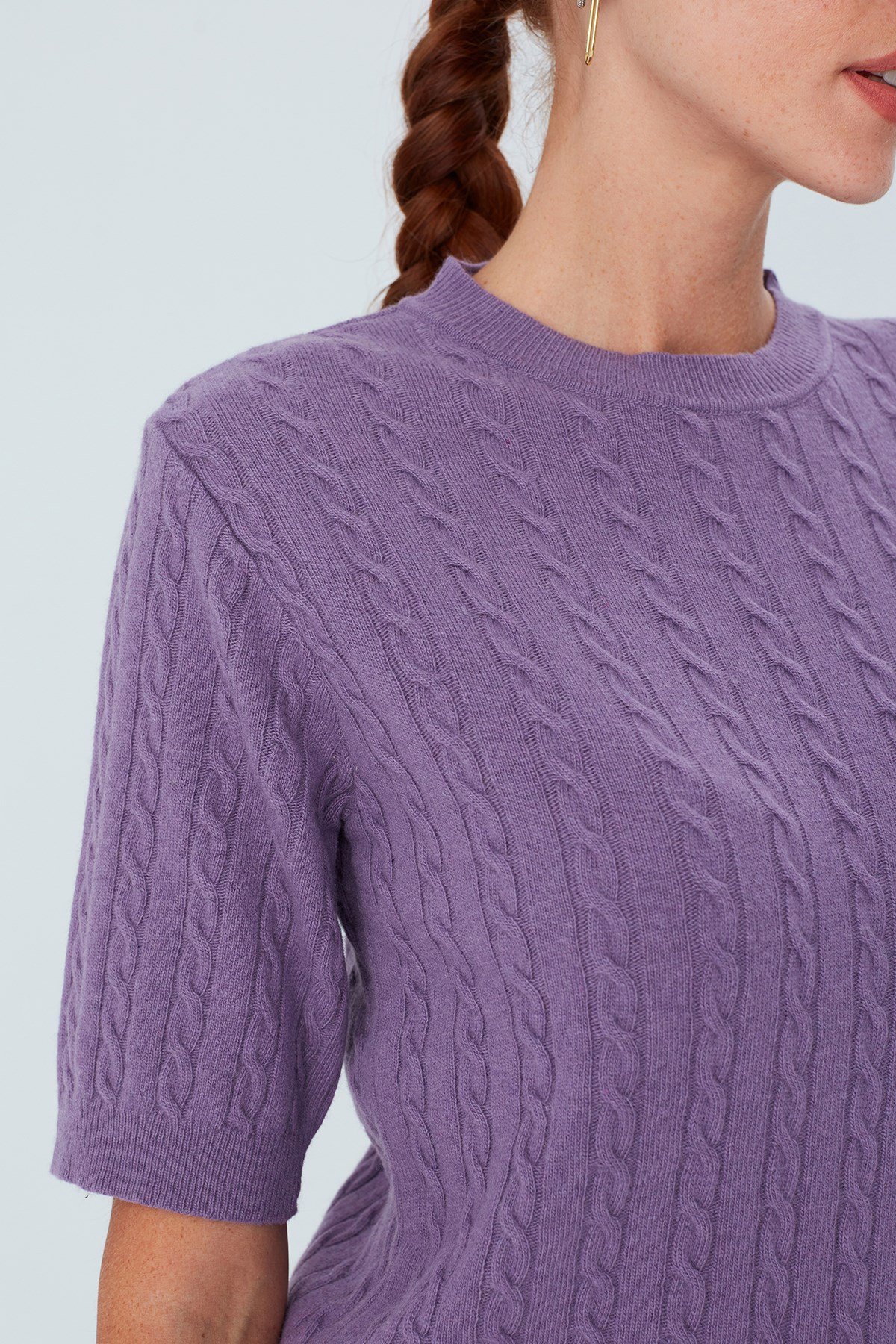 Peraluna NICOLE BLOUSE Saç Örgülü Kısa Kollu Kaşmirli Kadın Triko Bluz Pastel Mor