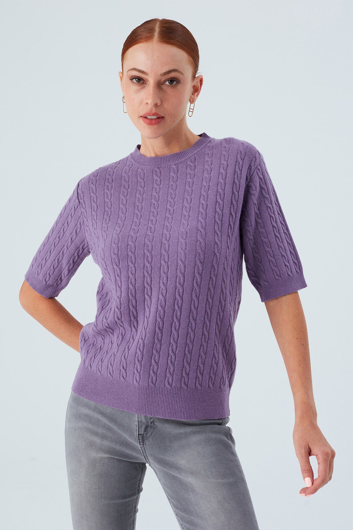 Peraluna NICOLE BLOUSE Saç Örgülü Kısa Kollu Kaşmirli Kadın Triko Bluz Pastel Mor