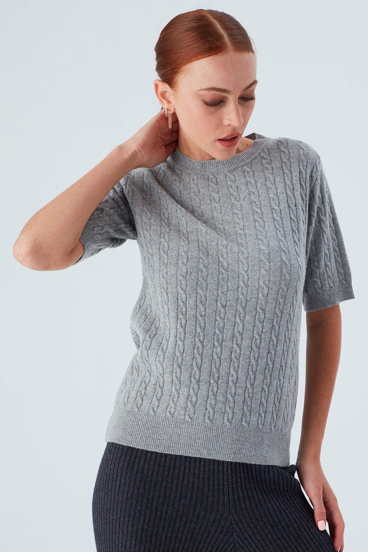 Peraluna NICOLE BLOUSE Saç Örgülü Kısa Kollu Kaşmirli Kadın Triko Bluz Gri Melanj