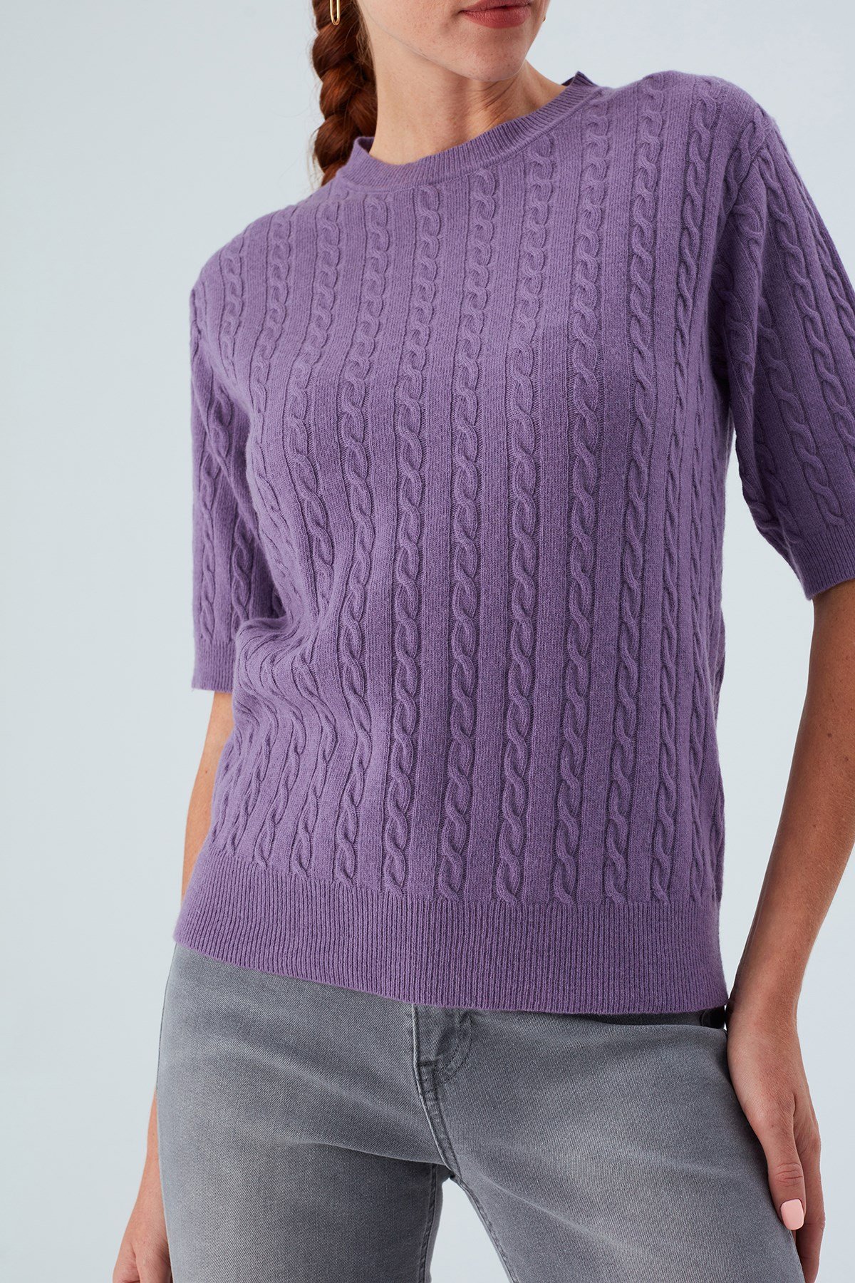 Peraluna NICOLE BLOUSE Saç Örgülü Kısa Kollu Kaşmirli Kadın Triko Bluz Pastel Mor