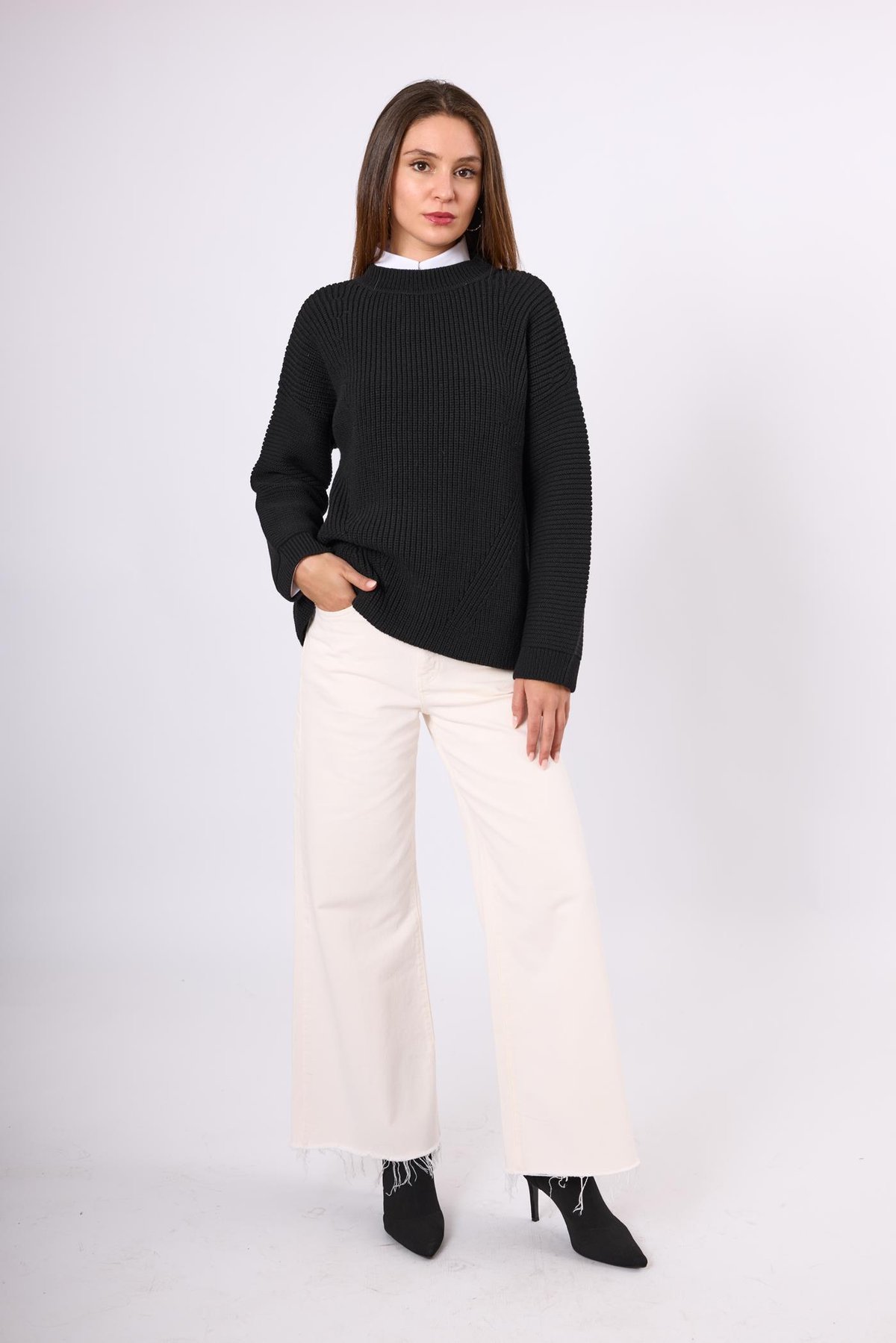 Peraluna Nikita Selanik Örgü Rahat Kesim Kadin Triko Kazak - Siyah