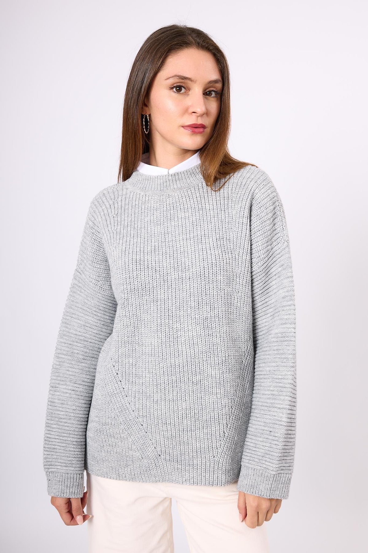 Peraluna Nikita Selanik Örgü Rahat Kesim Kadin Triko Kazak - Gri Melanj