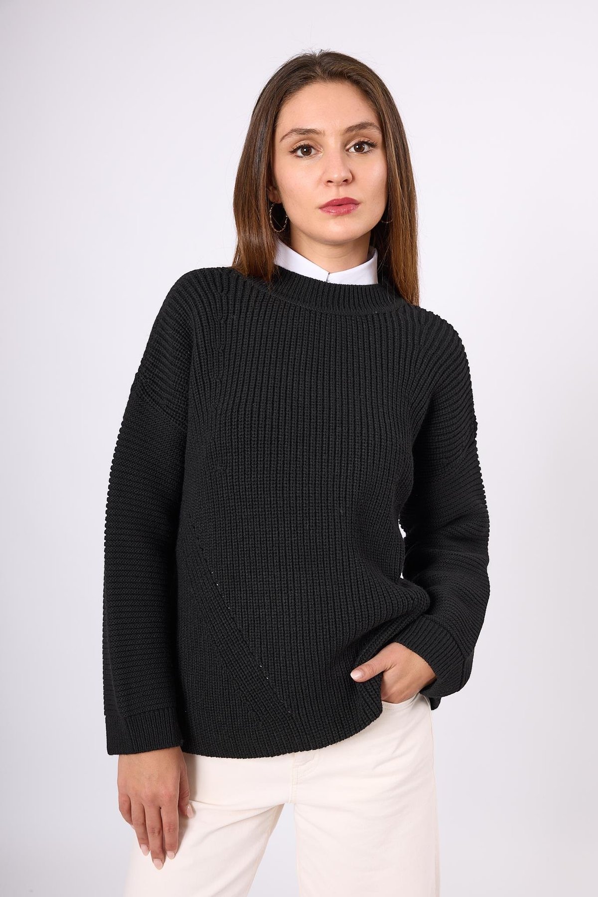 Peraluna Nikita Selanik Örgü Rahat Kesim Kadin Triko Kazak - Siyah