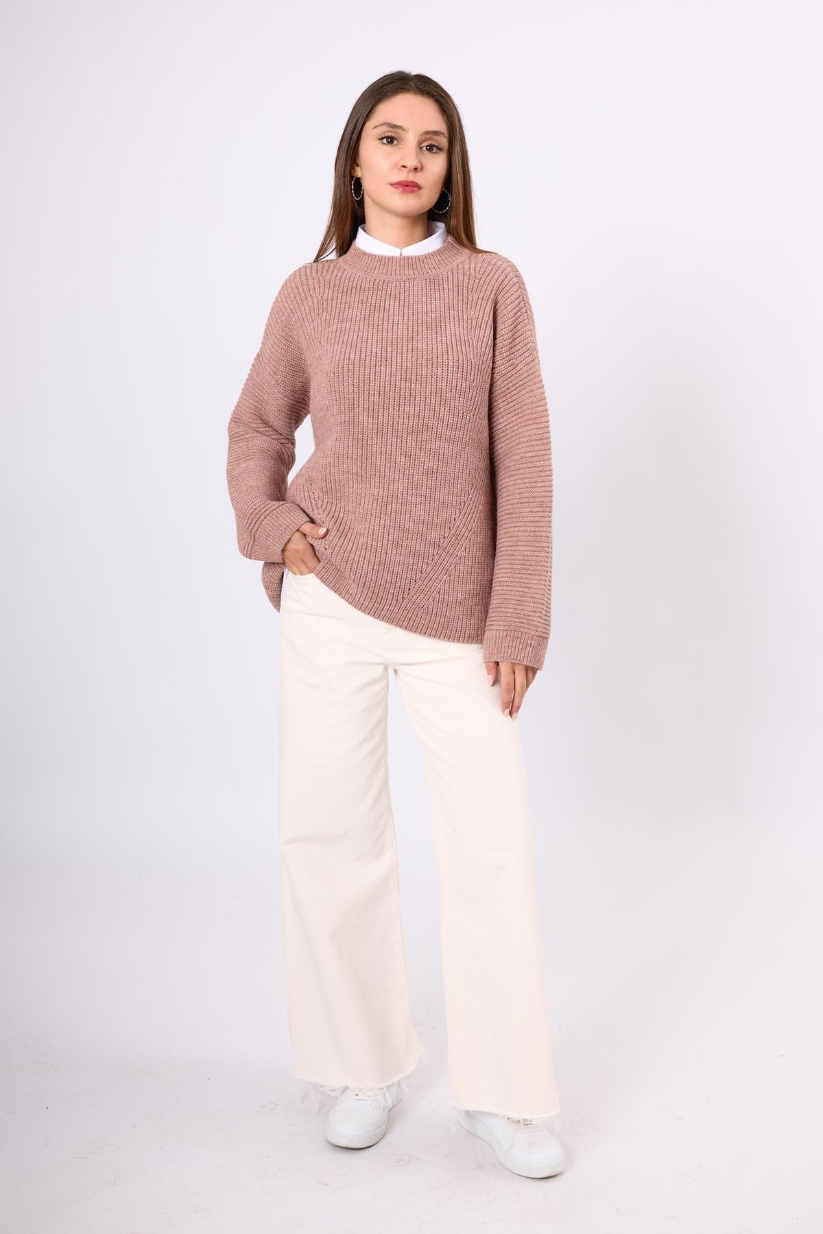 Peraluna Nikita Selanik Örgü Rahat Kesim Kadin Triko Kazak - Pudra