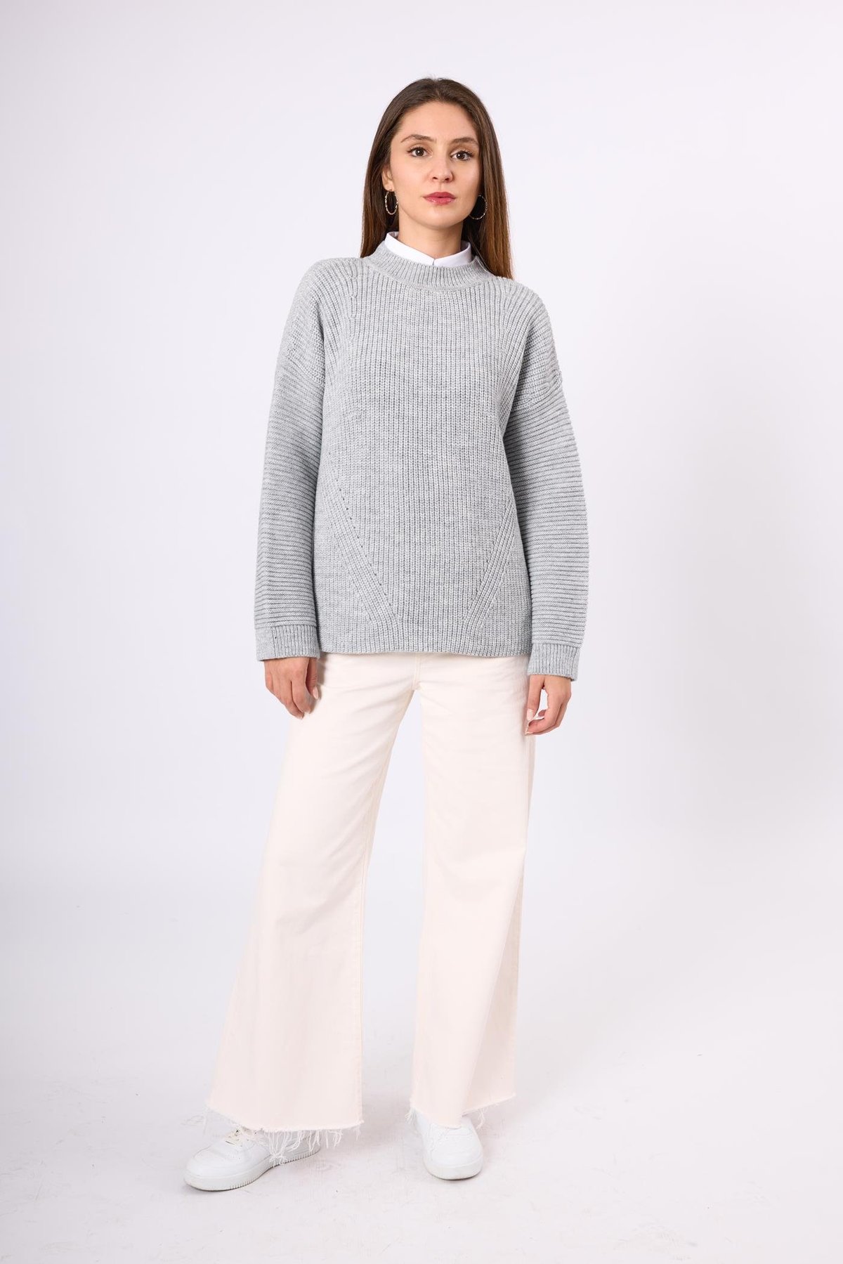 Peraluna Nikita Selanik Örgü Rahat Kesim Kadin Triko Kazak - Gri Melanj