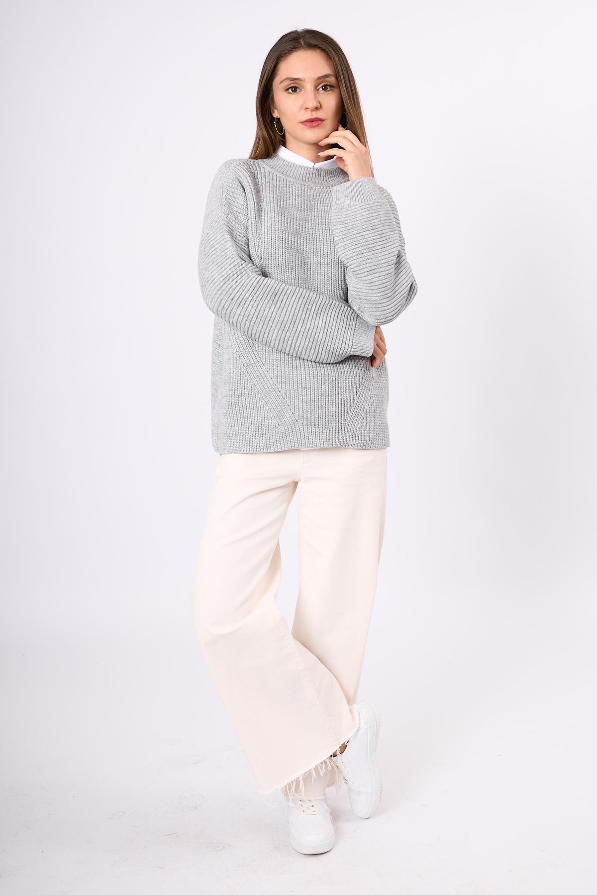 Peraluna Nikita Selanik Örgü Rahat Kesim Kadin Triko Kazak - Gri Melanj