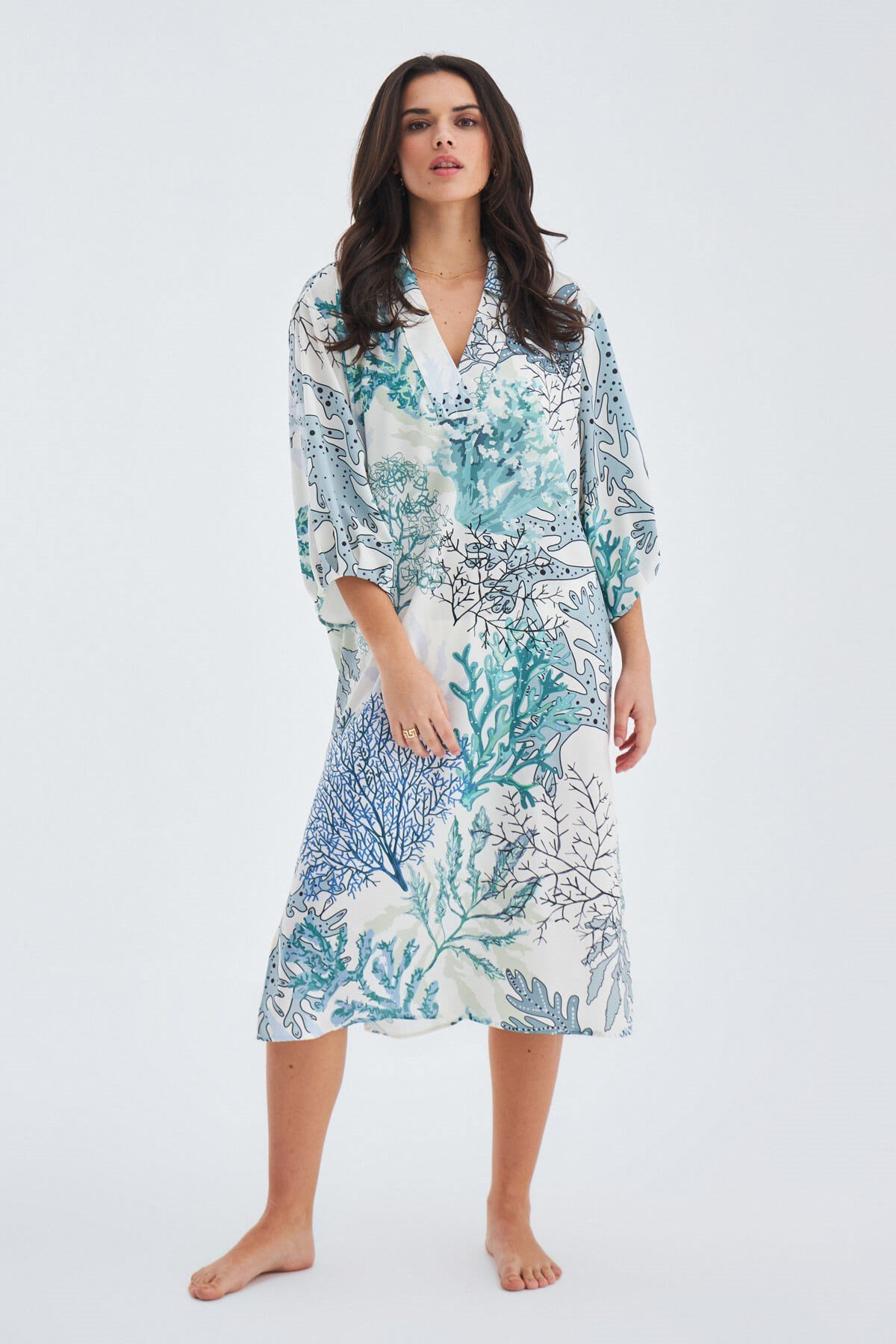 Peraluna NILA DRESS Loose Cut Matte Textured Women's Summer Dress - Green/Ecru