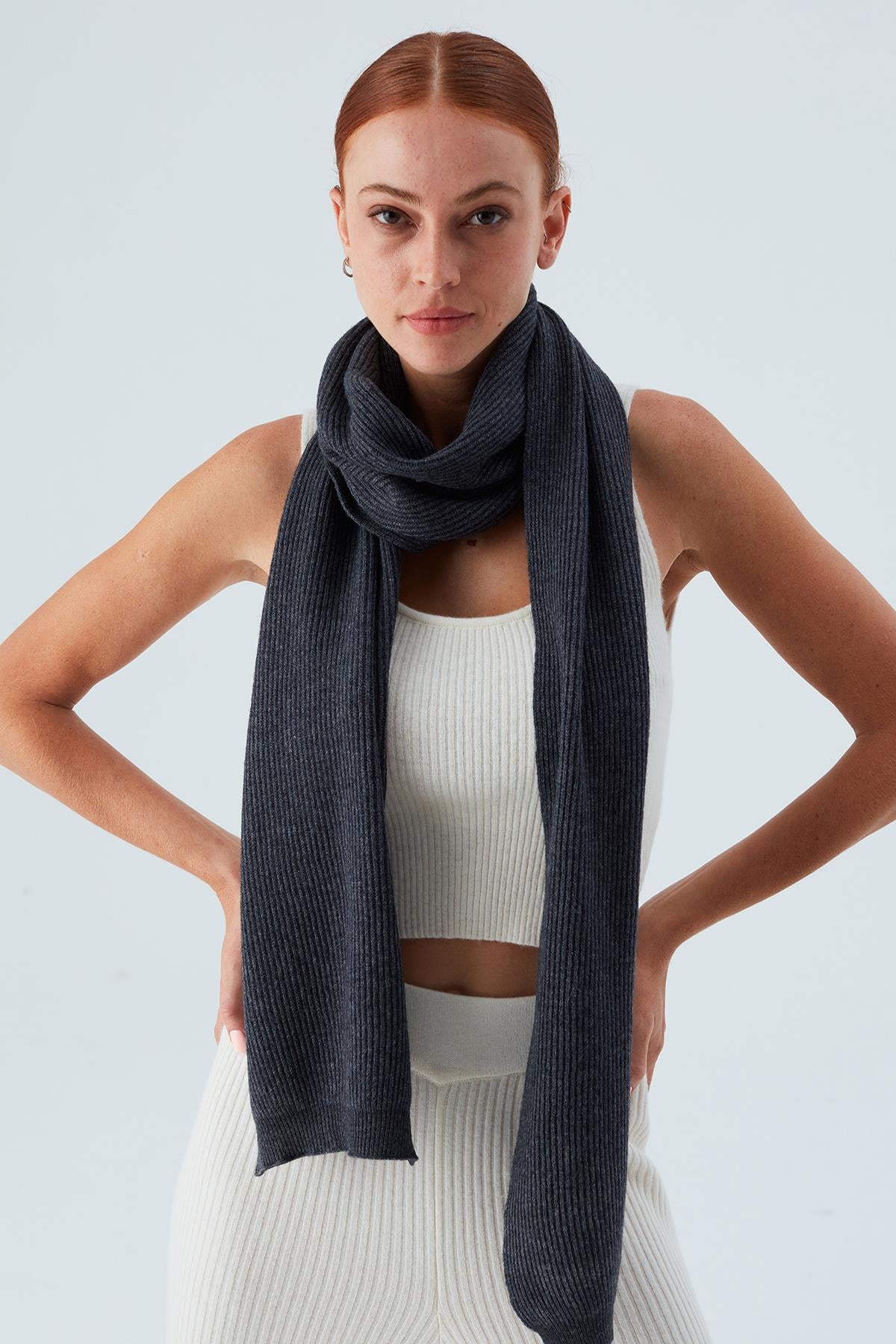 Peraluna NOMI SCARF Selanik Örgü Kaşmir Karışımlı Yumuşak Kadın Triko Atkı Antrasit