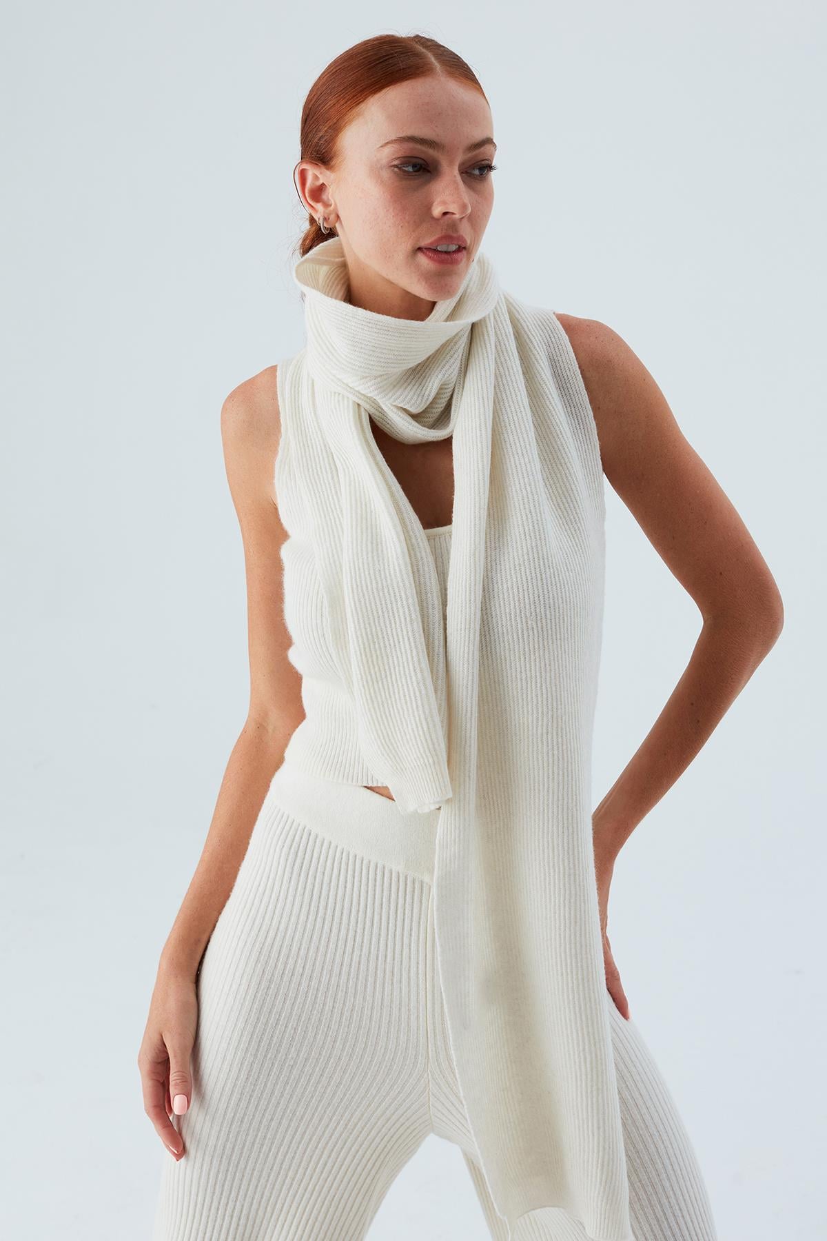 Peraluna NOMI SCARF Thessaloniki Knitting Cashmere Blend Soft Women's Knitwear Scarf - Ecru