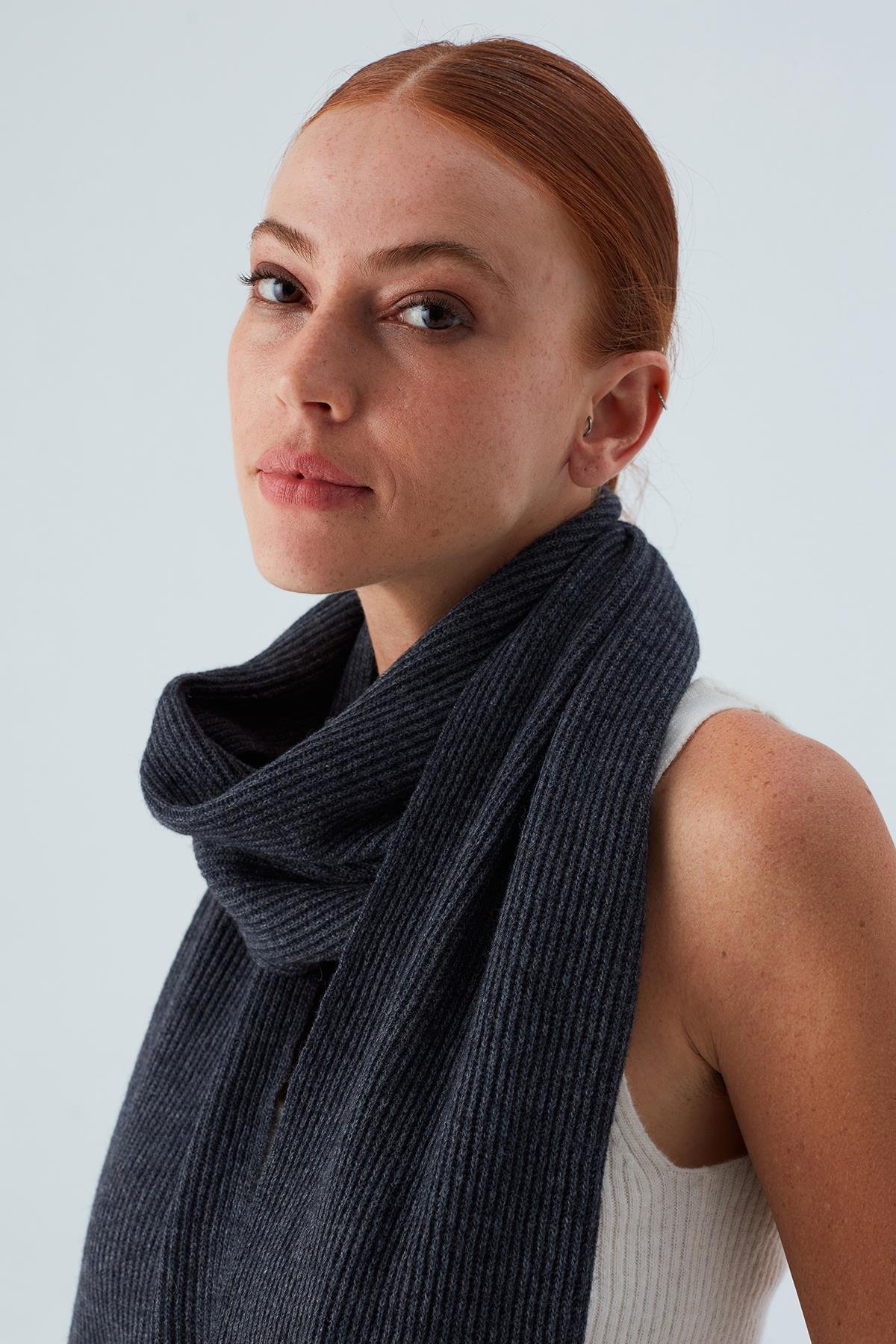 Peraluna NOMI SCARF Selanik Örgü Kaşmir Karışımlı Yumuşak Kadın Triko Atkı Antrasit