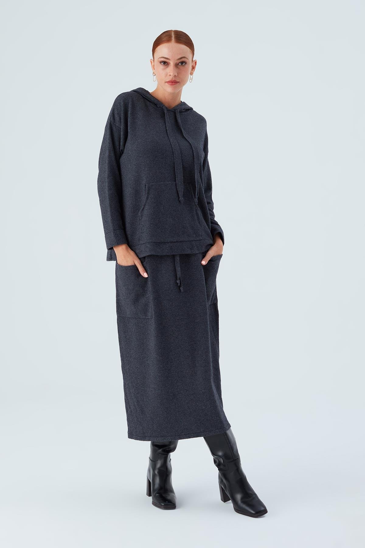 Peraluna NORA SKİRT Rahat Kesim Beli Lastikli 86 CM Bilek Hizası Cepli Kadın Triko Etek Antrasit