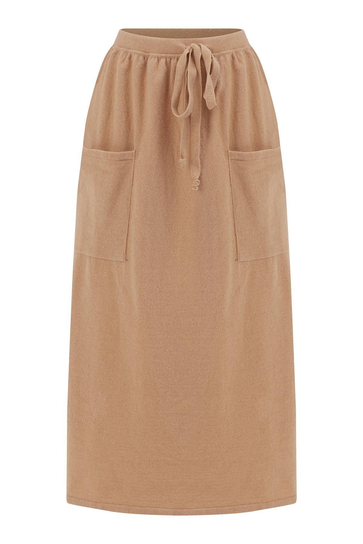 Peraluna NORA SKİRT Rahat Kesim Beli Lastikli 86 CM Bilek Hizası Cepli Kadın Triko Etek Bej