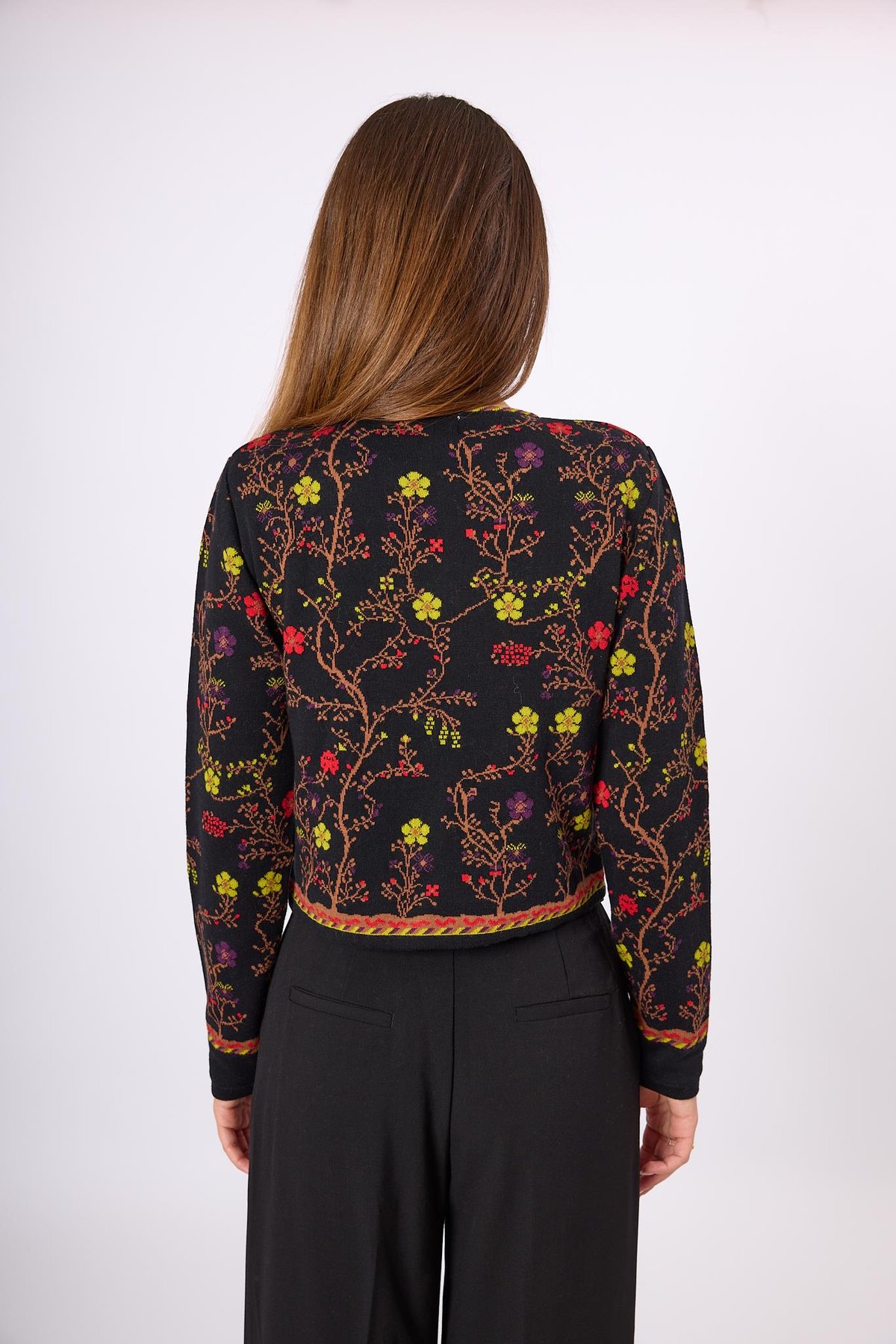 Peraluna Nostalgia Çiçek Desenli Kadın Krop Hırka - Siyah/Multi