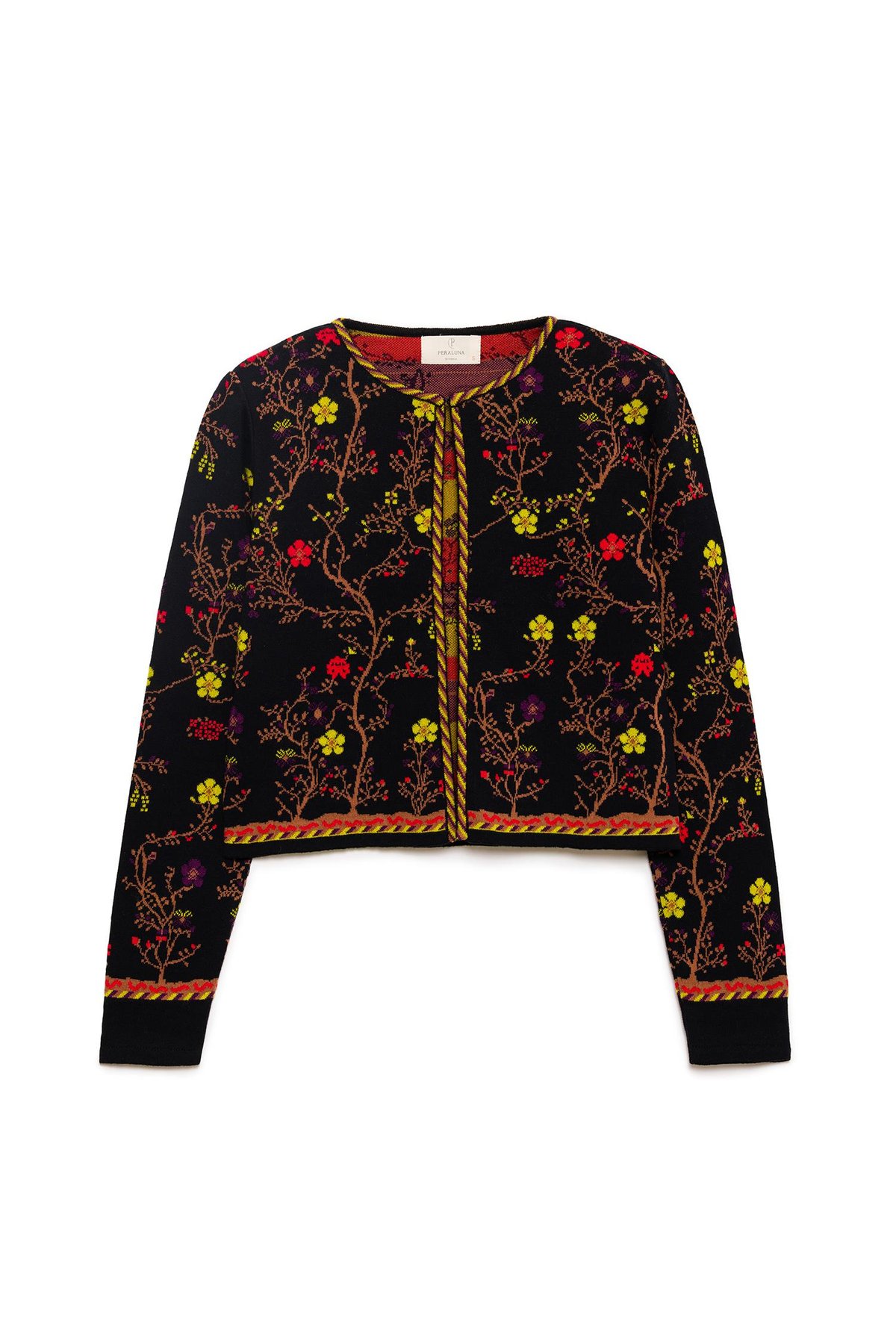 Peraluna Nostalgia Çiçek Desenli Kadın Krop Hırka - Siyah/Multi
