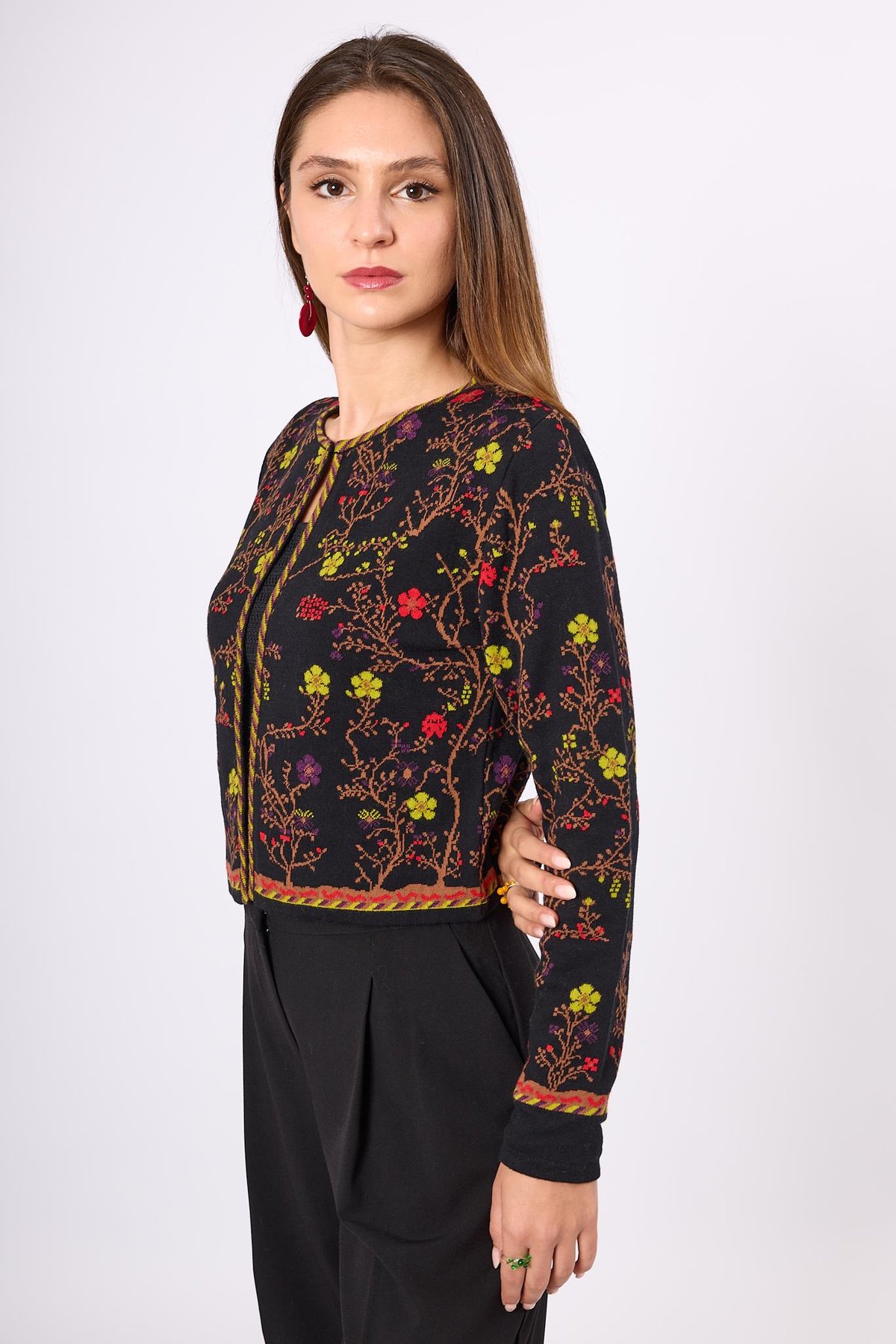 Peraluna Nostalgia Çiçek Desenli Kadın Krop Hırka - Siyah/Multi