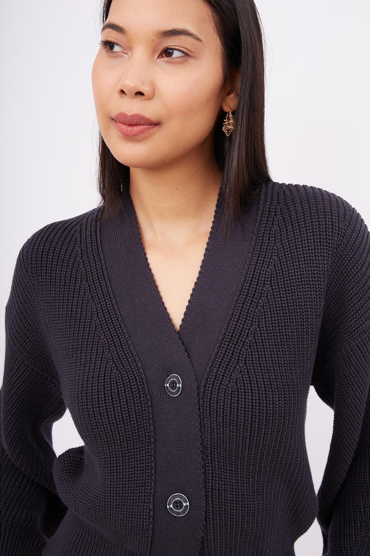 Peraluna OLIVIA CARDIGAN Selanik Örgü %100 Pamuk V Yaka Kadın Triko Hırka - Siyah