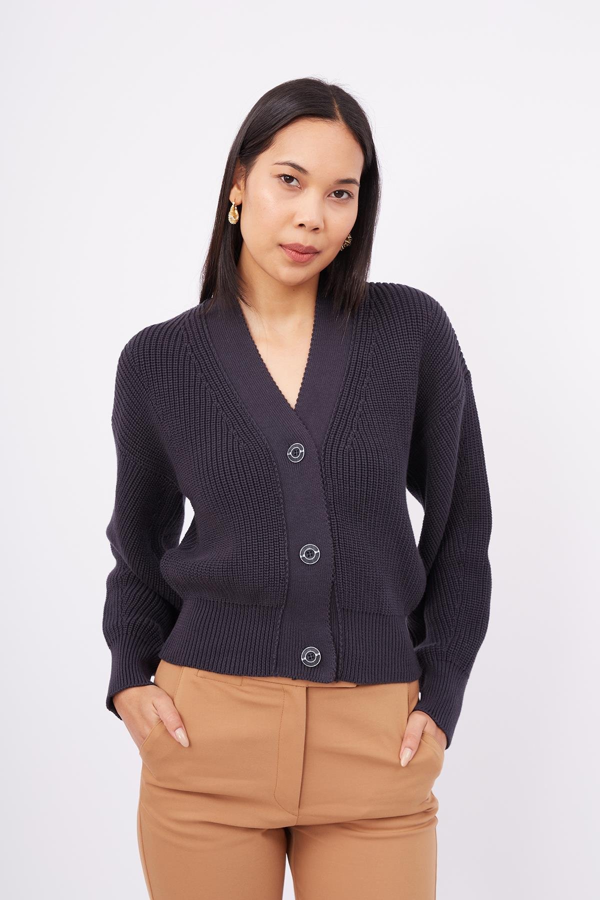 Peraluna OLIVIA CARDIGAN Selanik Örgü %100 Pamuk V Yaka Kadın Triko Hırka - Siyah