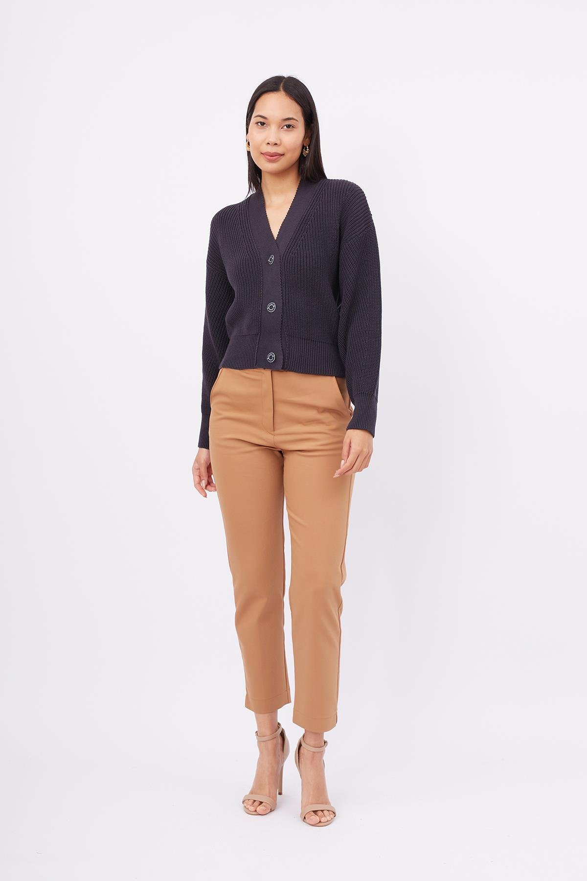 Peraluna OLIVIA CARDIGAN Selanik Örgü %100 Pamuk V Yaka Kadın Triko Hırka - Siyah