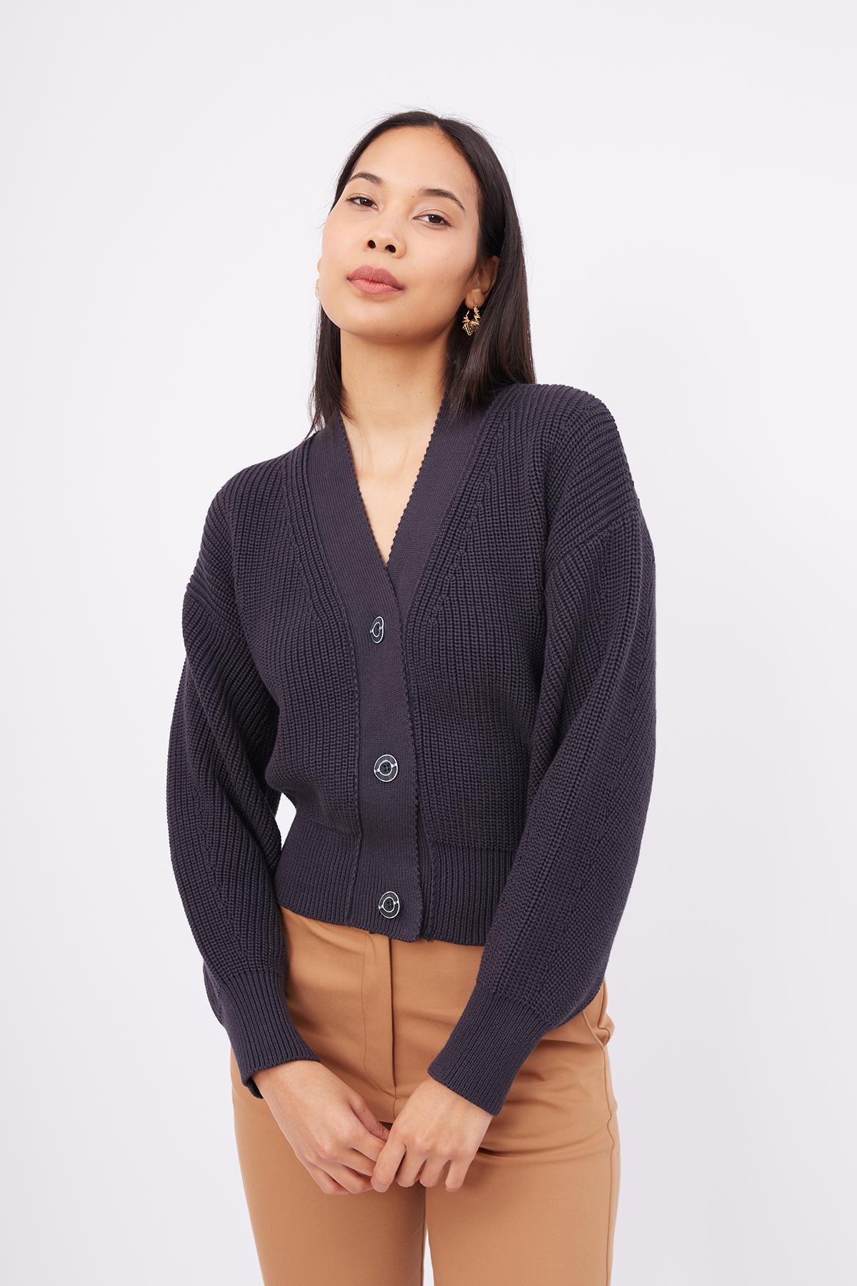 Peraluna OLIVIA CARDIGAN Selanik Örgü %100 Pamuk V Yaka Kadın Triko Hırka - Siyah