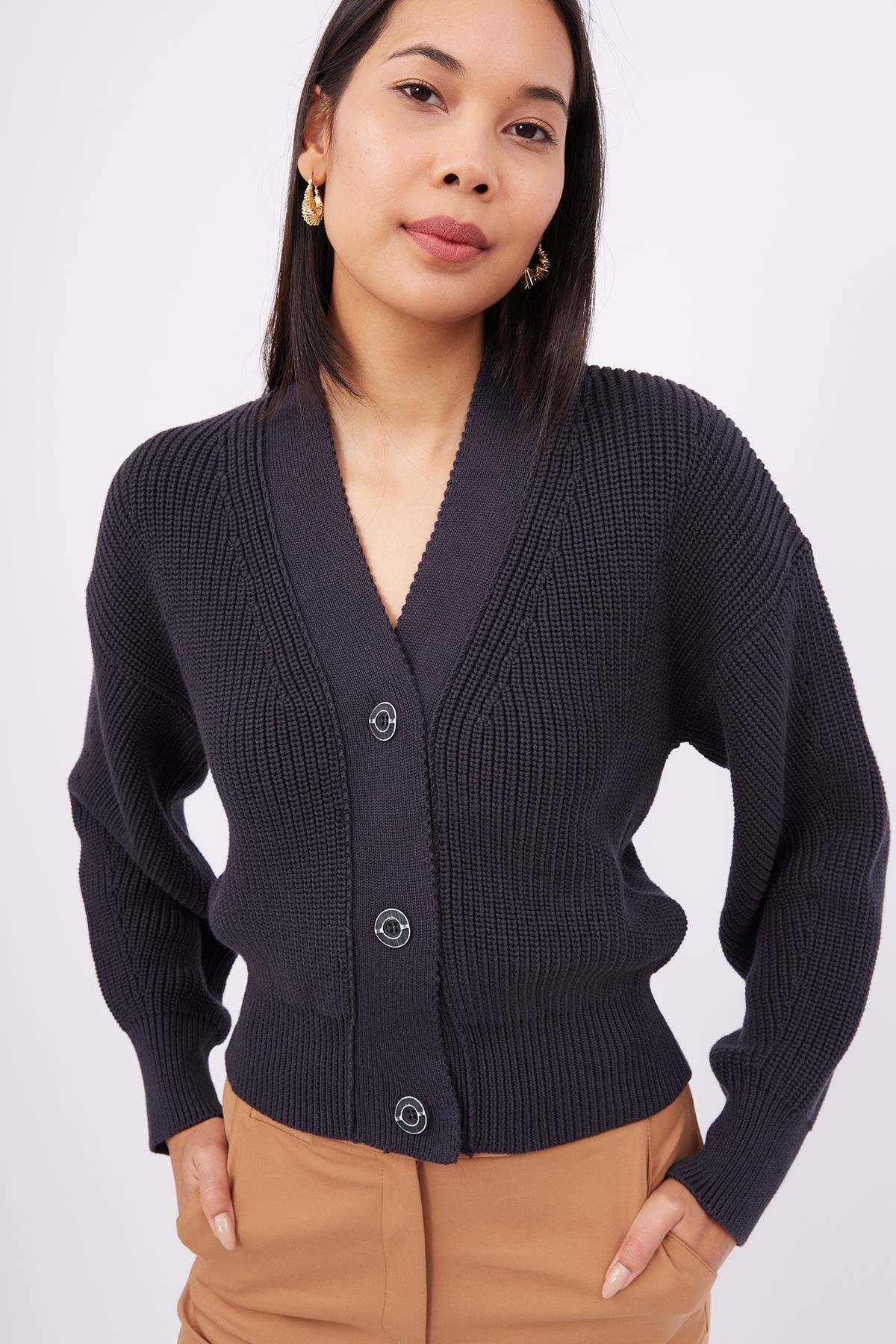 Peraluna OLIVIA CARDIGAN Selanik Örgü %100 Pamuk V Yaka Kadın Triko Hırka - Siyah