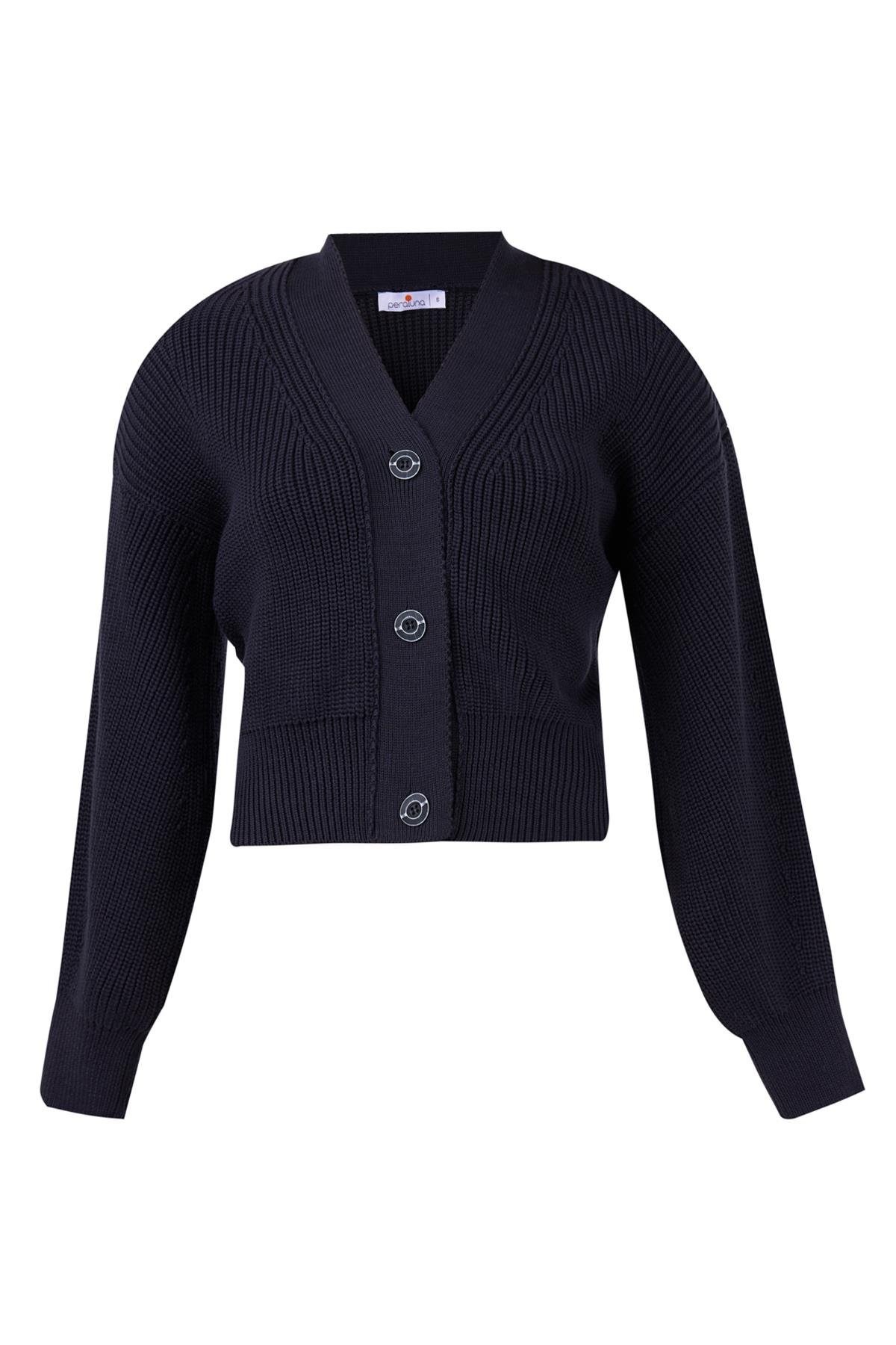 Peraluna OLIVIA CARDIGAN Selanik Örgü %100 Pamuk V Yaka Kadın Triko Hırka - Siyah