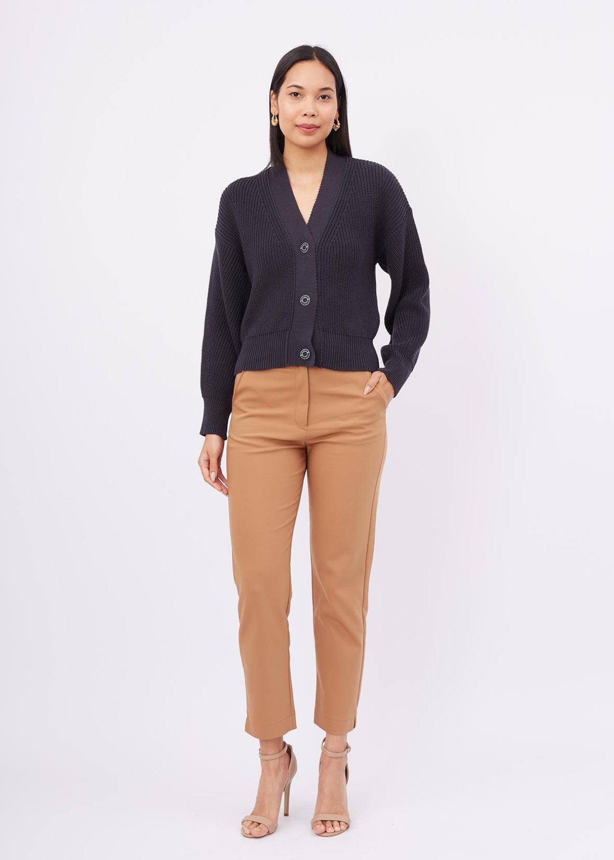 Peraluna OLIVIA CARDIGAN Selanik Örgü %100 Pamuk V Yaka Kadın Triko Hırka - Siyah