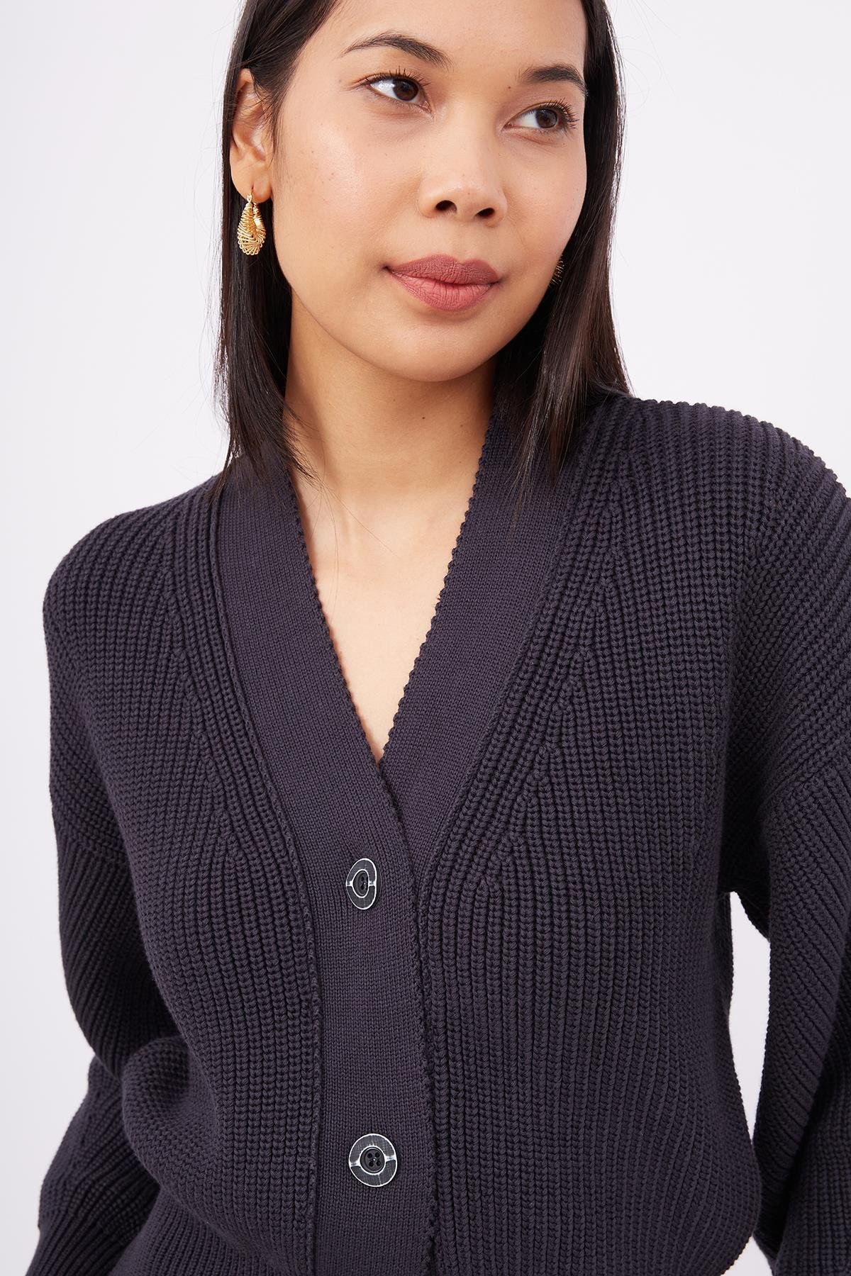 Peraluna OLIVIA CARDIGAN Selanik Örgü %100 Pamuk V Yaka Kadın Triko Hırka - Siyah