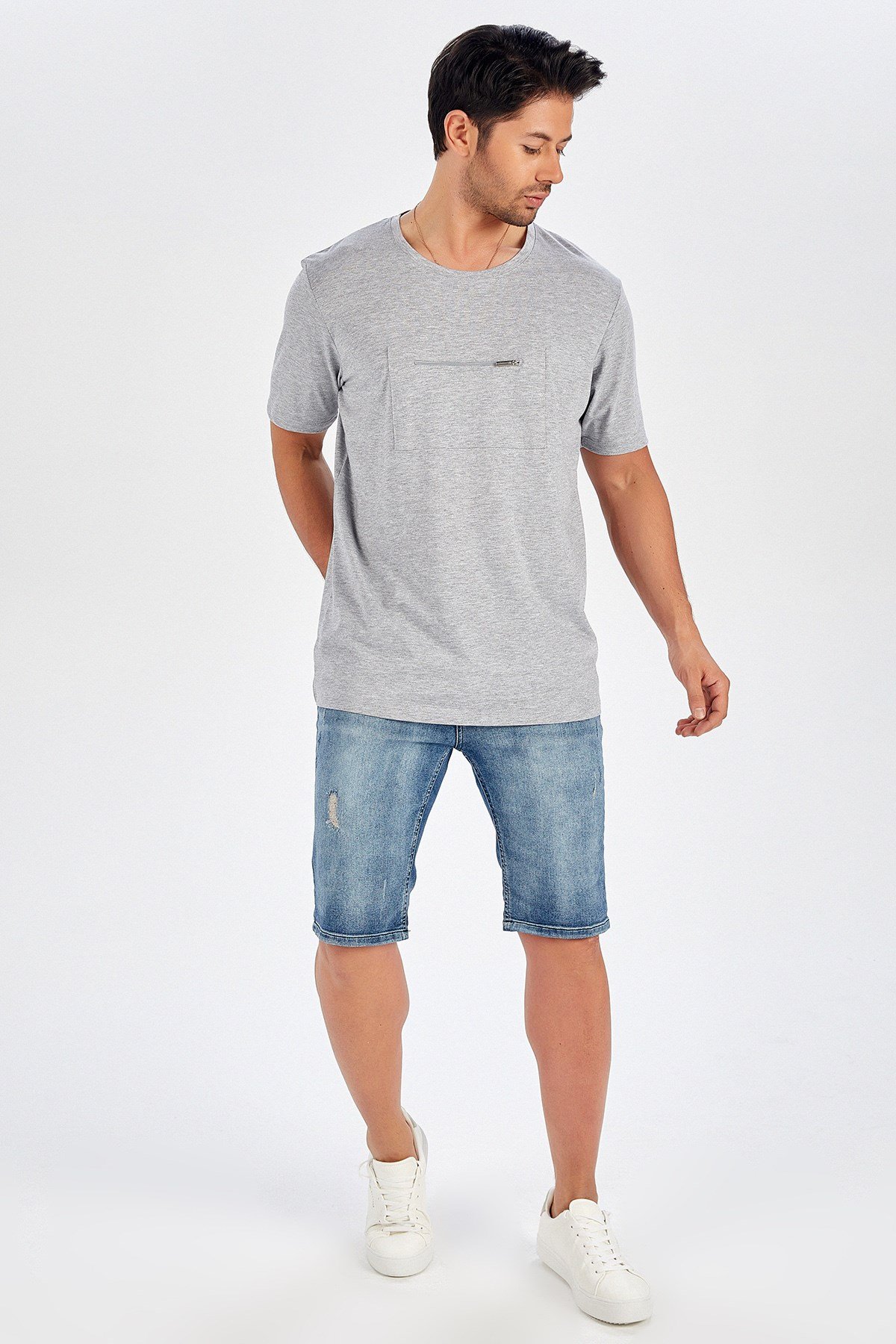 Peraluna Ön Orta Fermuarlı Düz Kesim Açık Gri Uzun T-Shirt