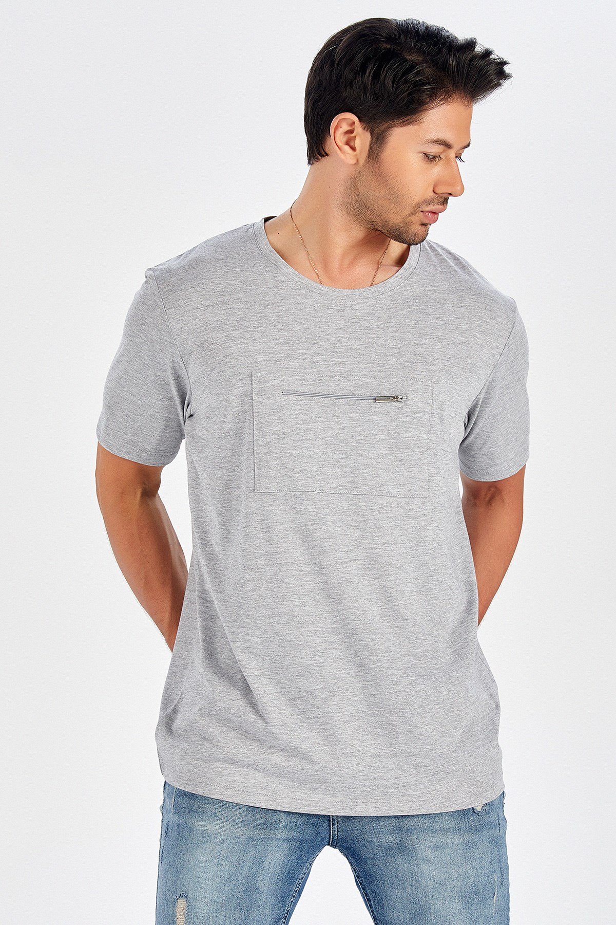 Peraluna Ön Orta Fermuarlı Düz Kesim Açık Gri Uzun T-Shirt