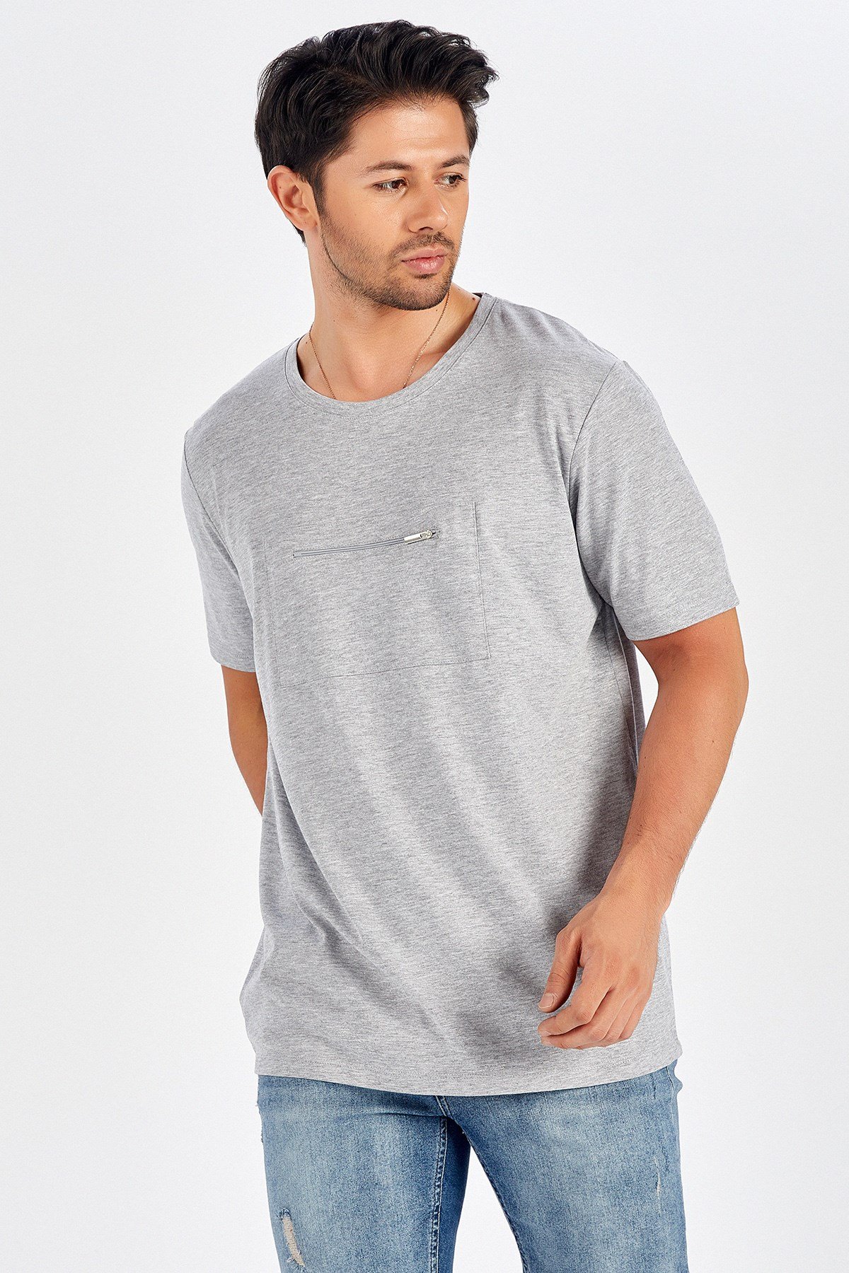 Peraluna Ön Orta Fermuarlı Düz Kesim Açık Gri Uzun T-Shirt