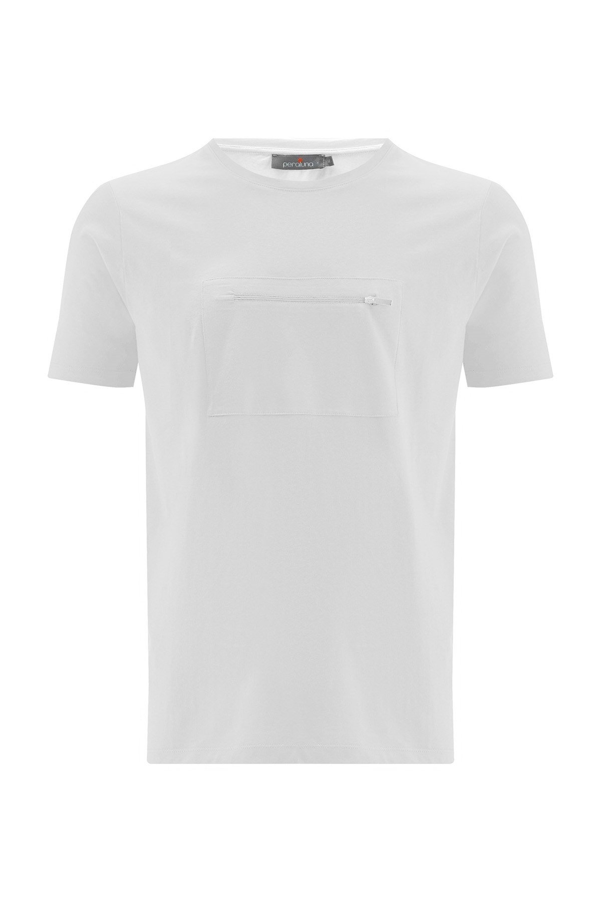 Peraluna Ön Orta Fermuarlı Düz Kesim Beyaz Erkek T-Shirt