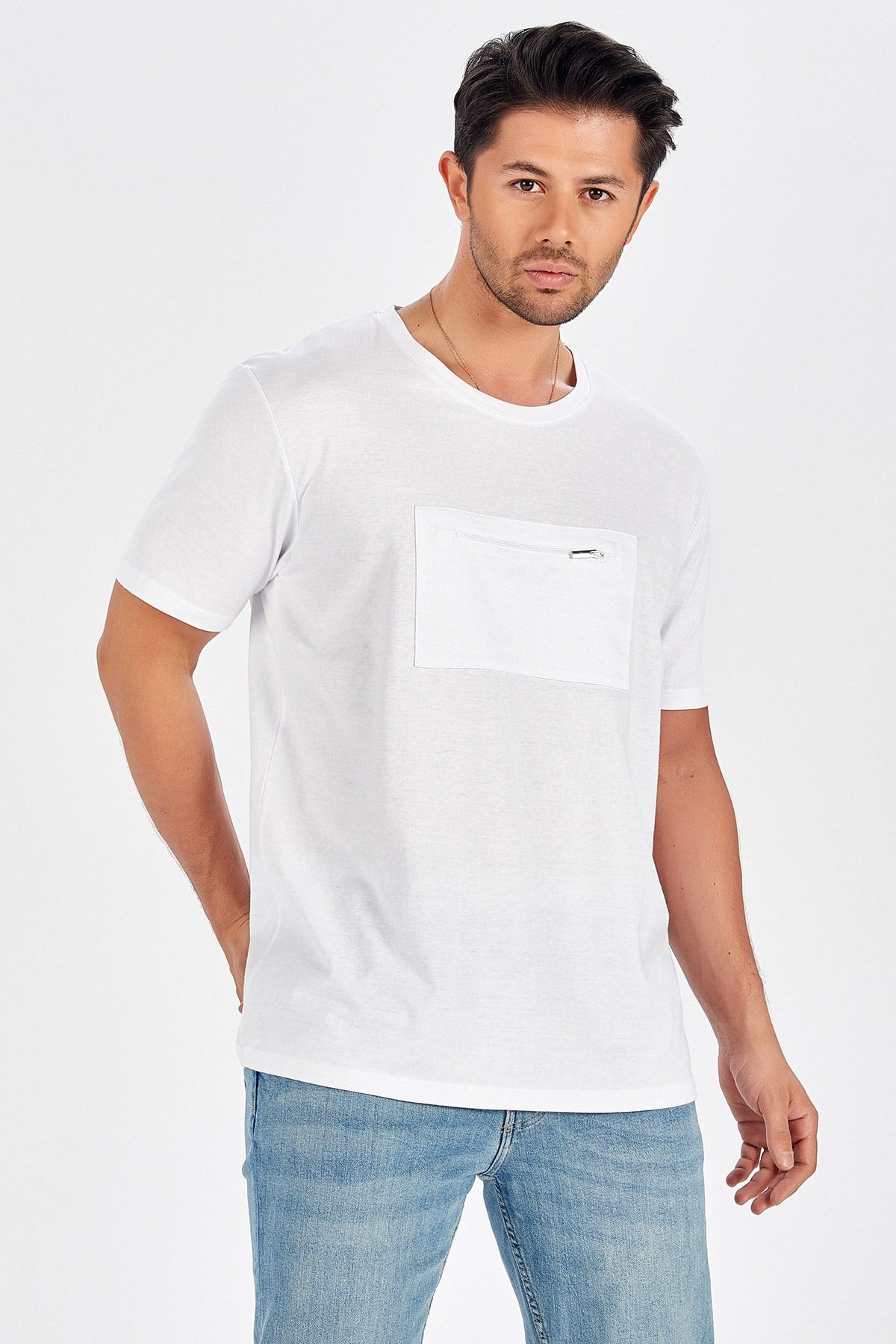 Peraluna Ön Orta Fermuarlı Düz Kesim Beyaz Uzun T-Shirt