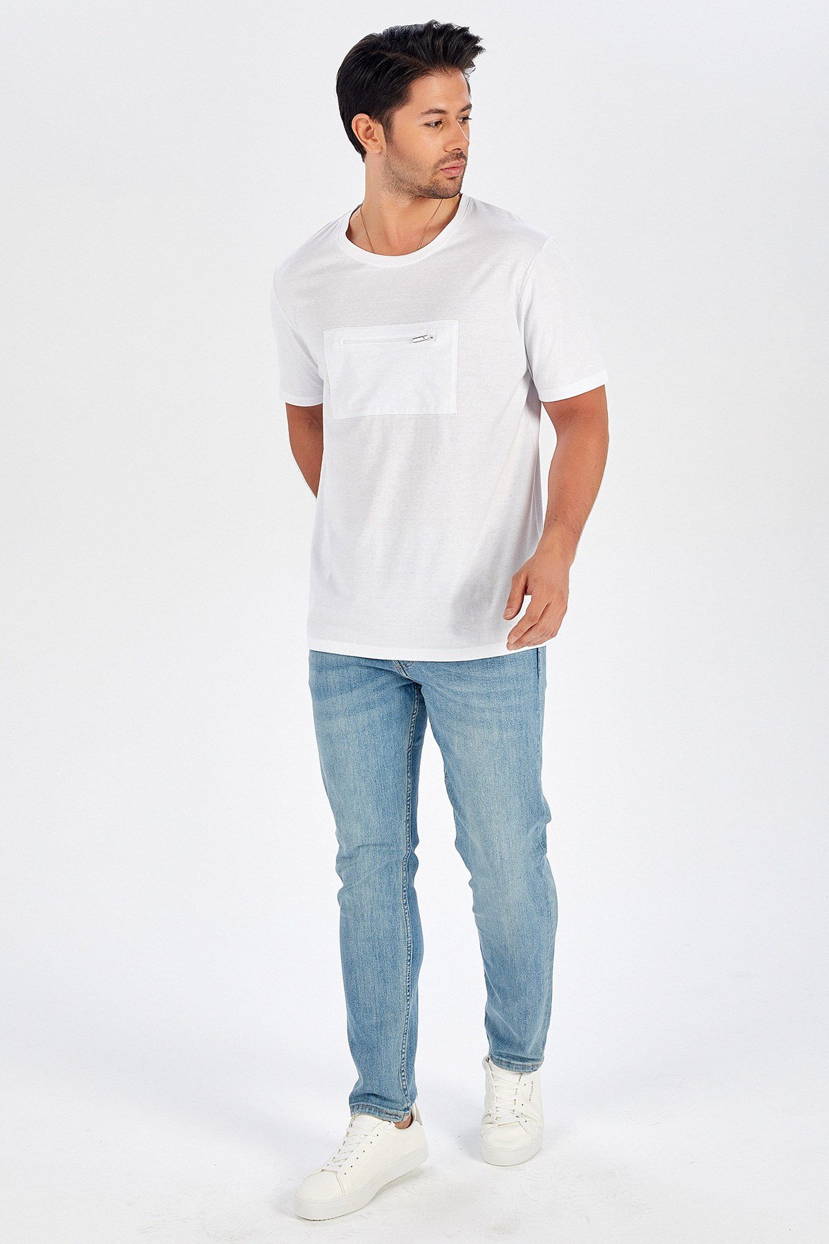 Peraluna Ön Orta Fermuarlı Düz Kesim Beyaz Uzun T-Shirt