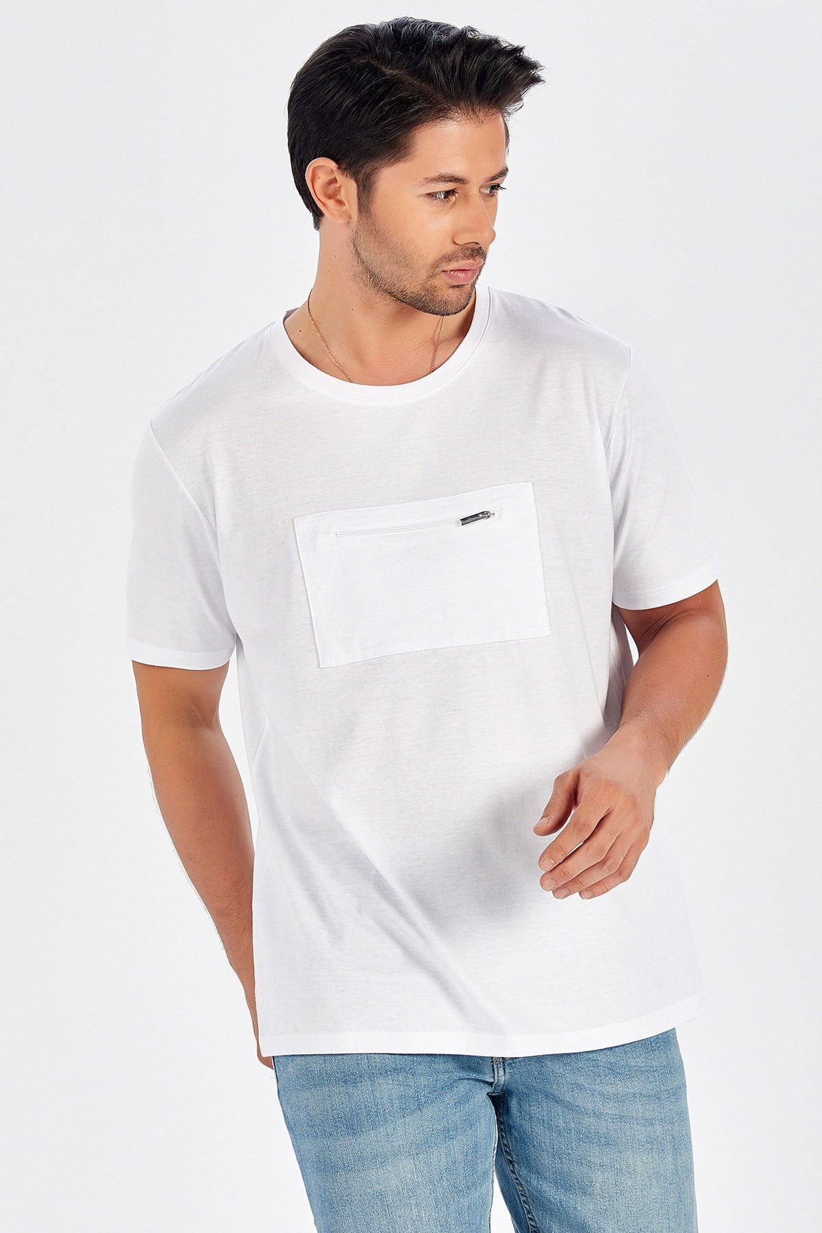 Peraluna Ön Orta Fermuarlı Düz Kesim Beyaz Uzun T-Shirt