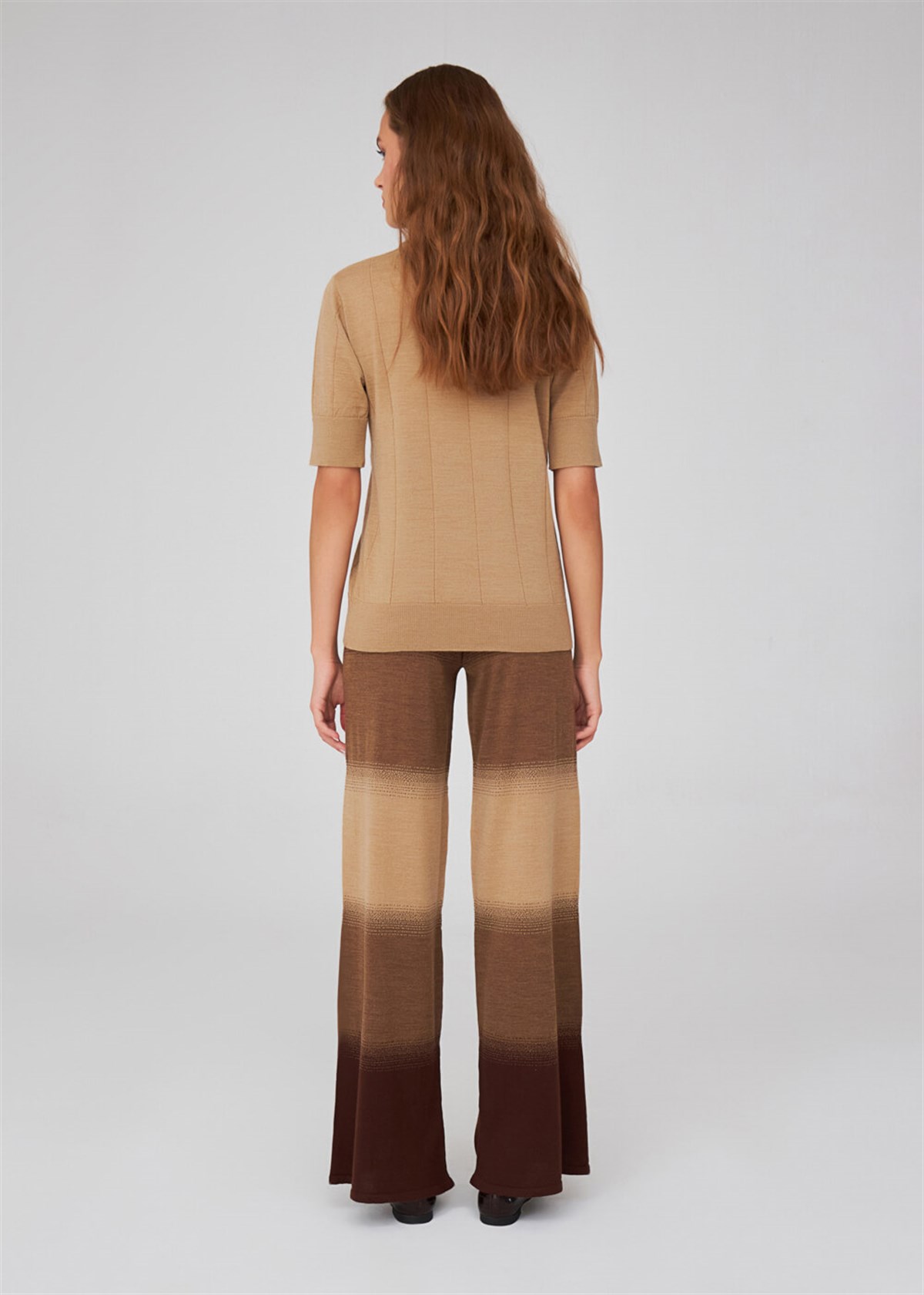 Peraluna Organik Pamuk Karışım Yüksek Bel Boru Paça Kadın Triko Pantolon Kahve/Camel Melanj