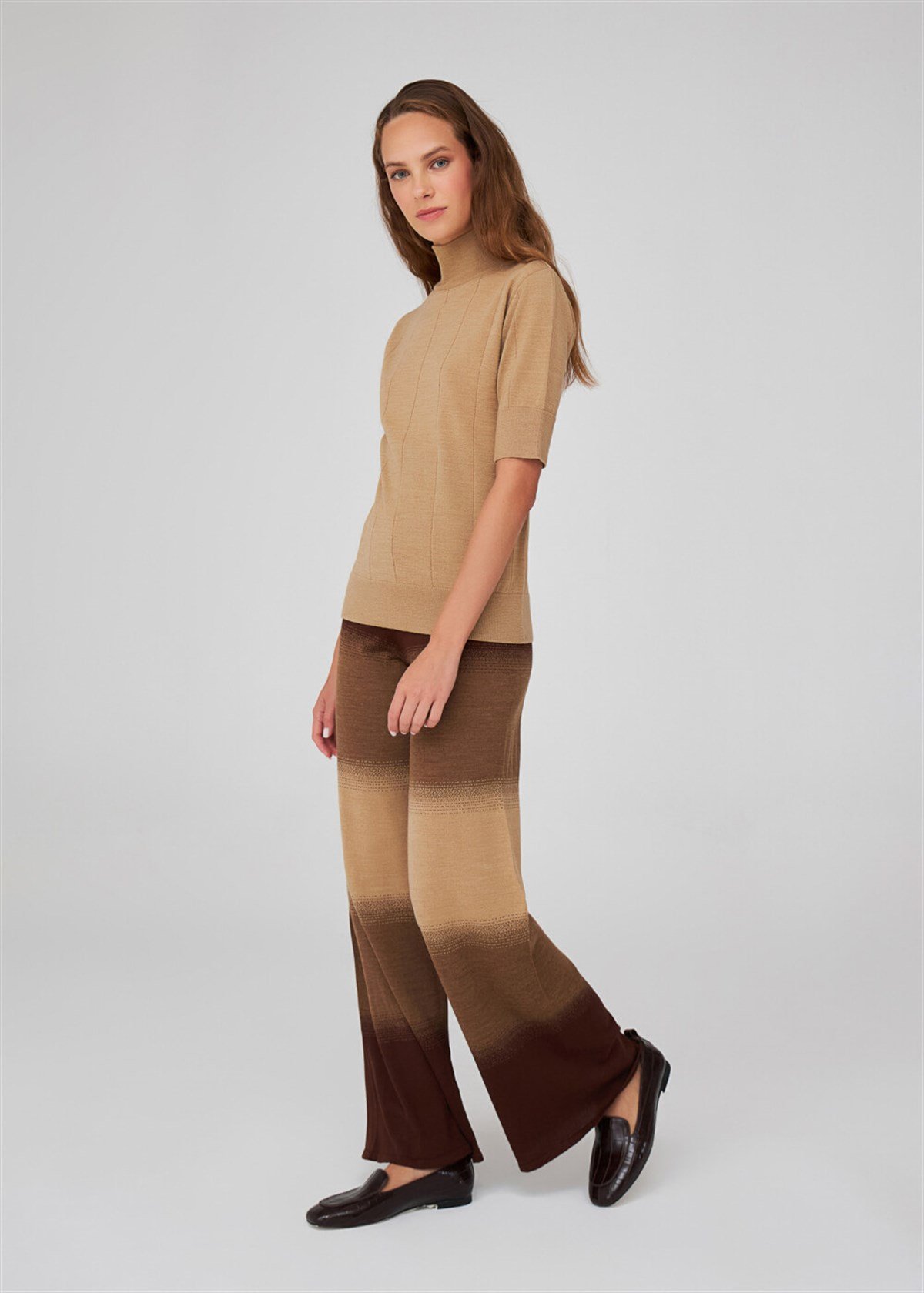 Peraluna Organik Pamuk Karışım Yüksek Bel Boru Paça Kadın Triko Pantolon Kahve/Camel Melanj