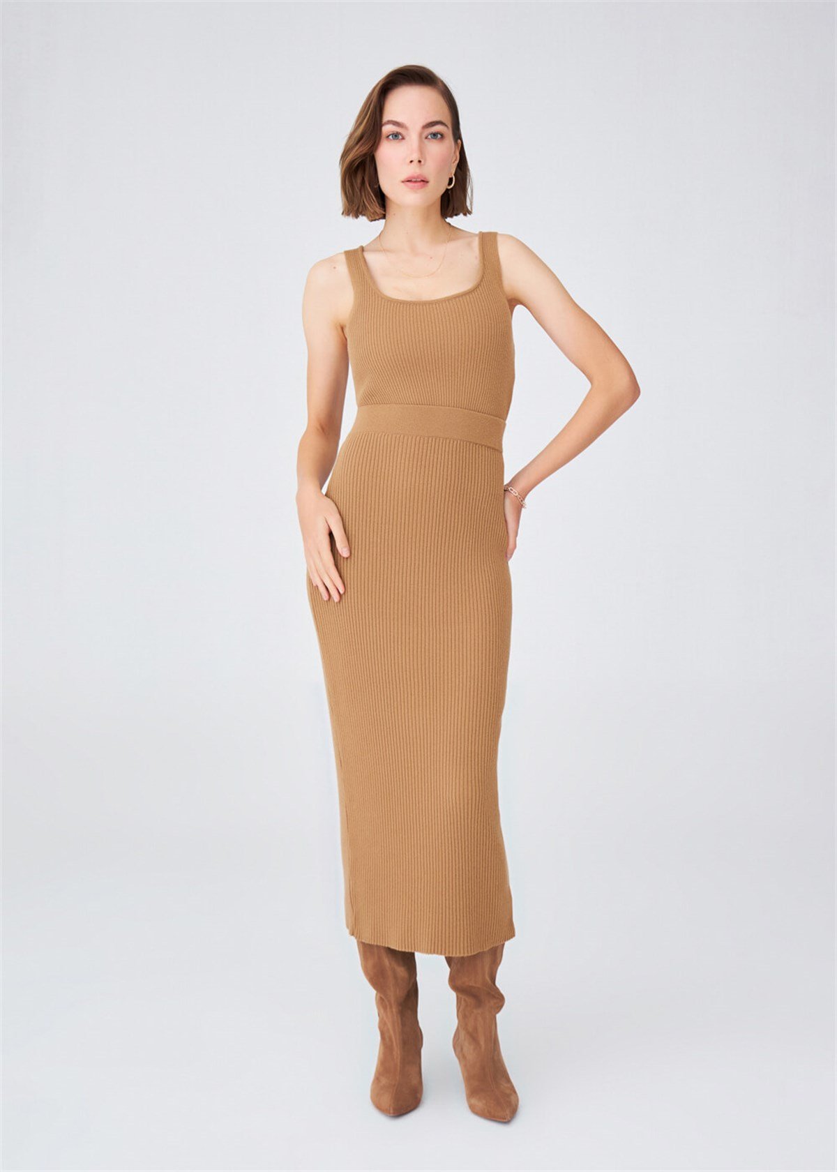 Peraluna Cashmere Blend High Waist Ribbed Knitwear Maxi Pen Skirt - Camel