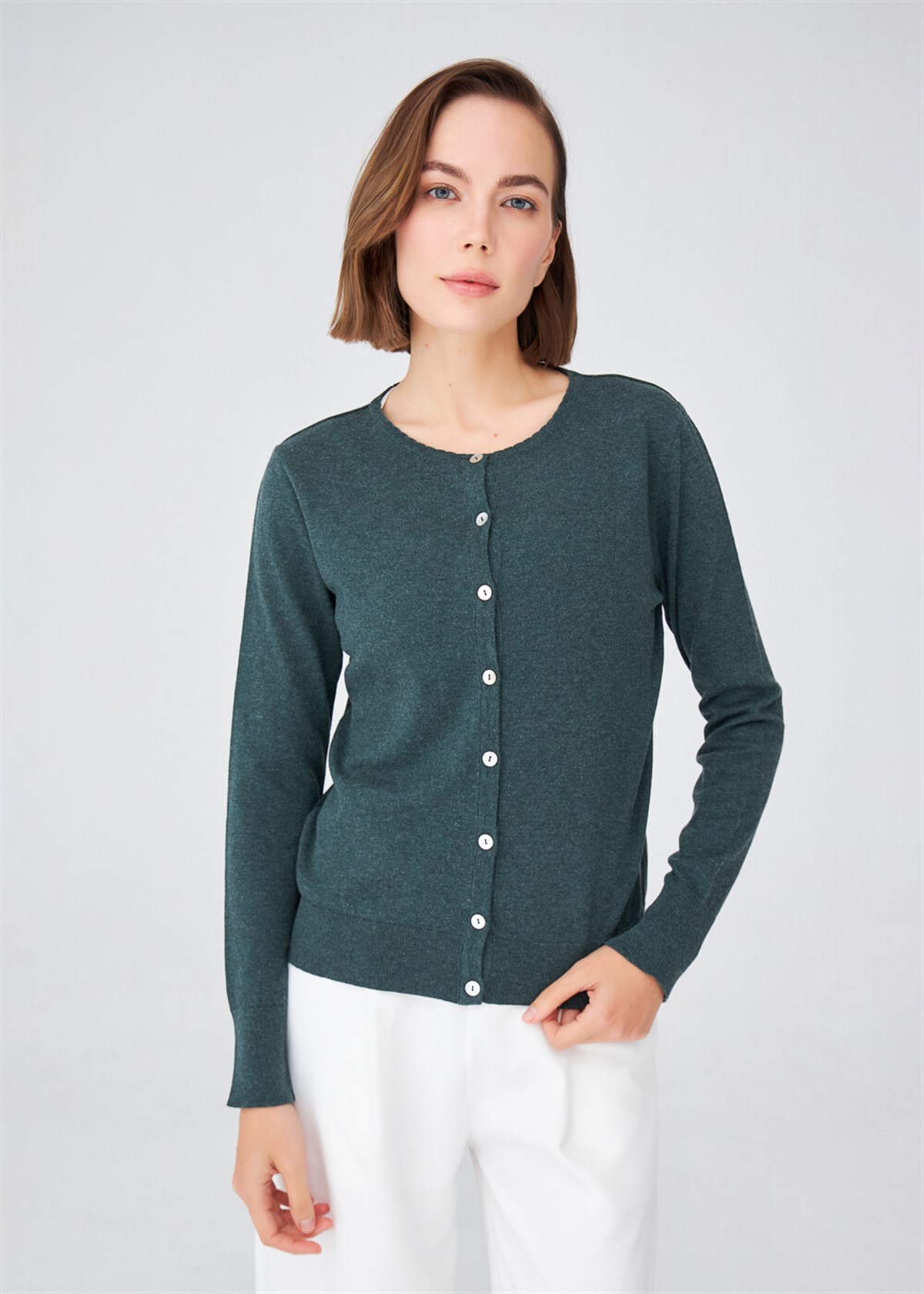 Peraluna Pamuklu Bisiklet Yaka Basic Kadın Triko Hırka Koyu Yeşil Melanj